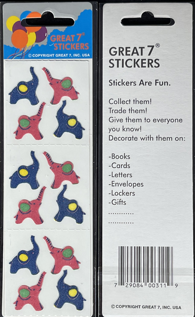 12 packages of Fuzzy Elephant Car Stickers, "Great 7" Sticker Design, PFZ6109