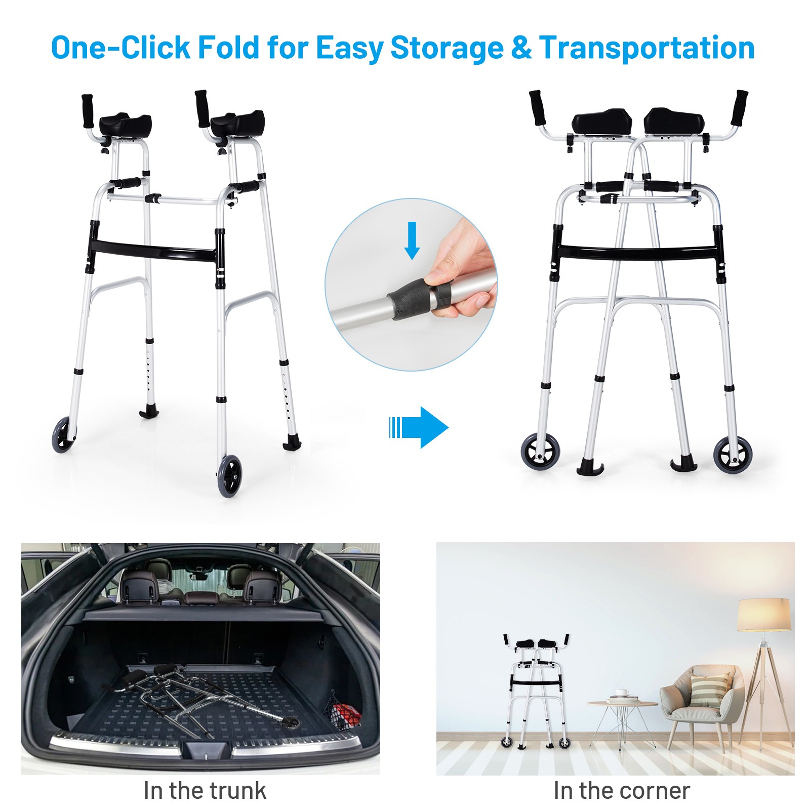 Folding Aluminum Alloy Wheel Walking Frame Adjustable Walker W/Armrest Support