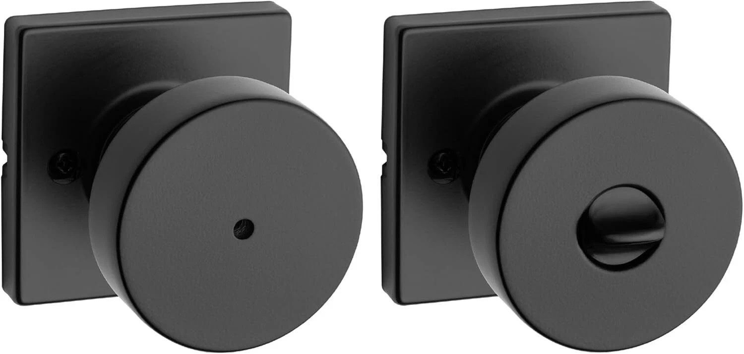 Kwikset Pismo Interior Privacy Door Knob with Lock, Square Rose, Matte Black