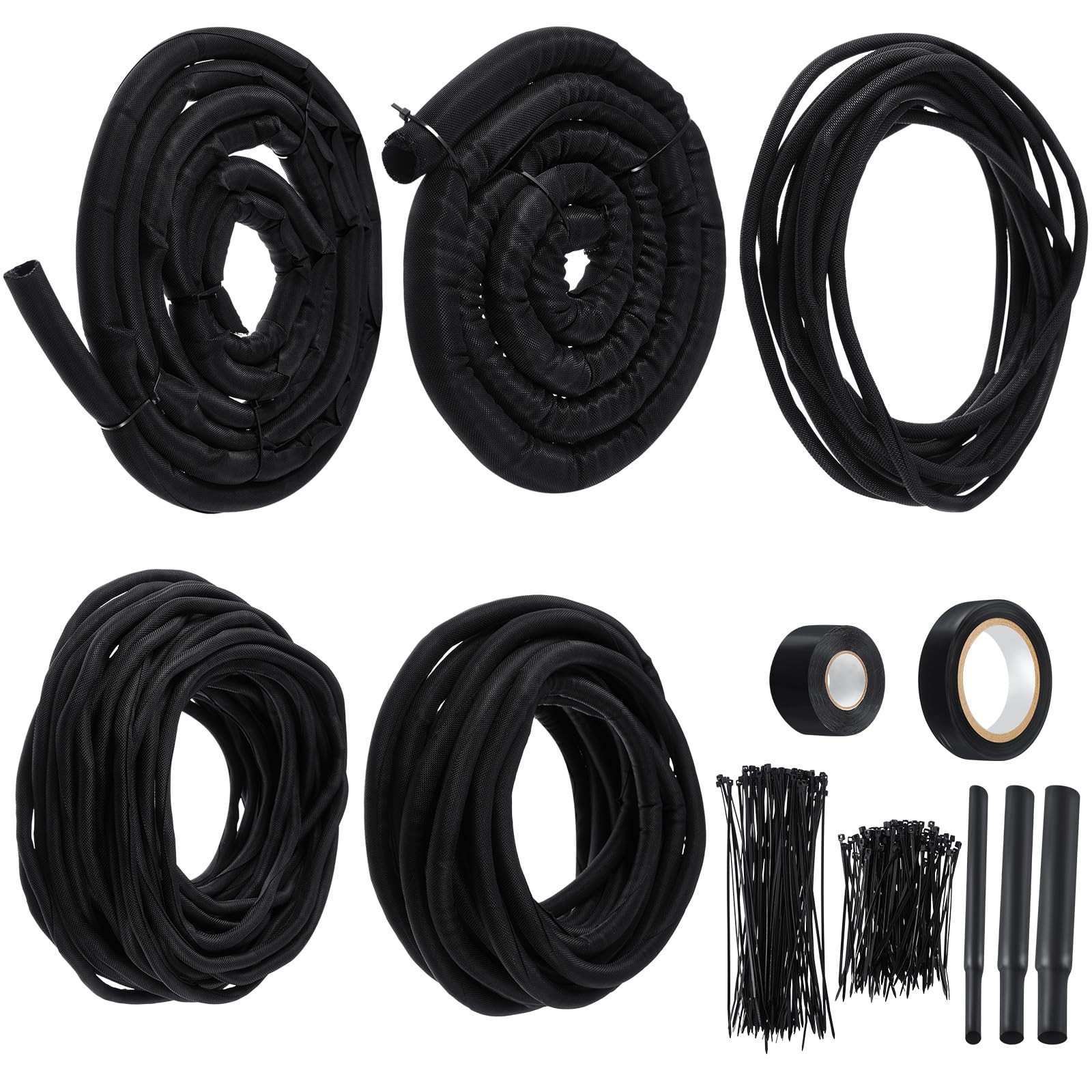 Nuanchu Split Wire Loom Sleeve Master Kit Complete Vehicle Cord and Black