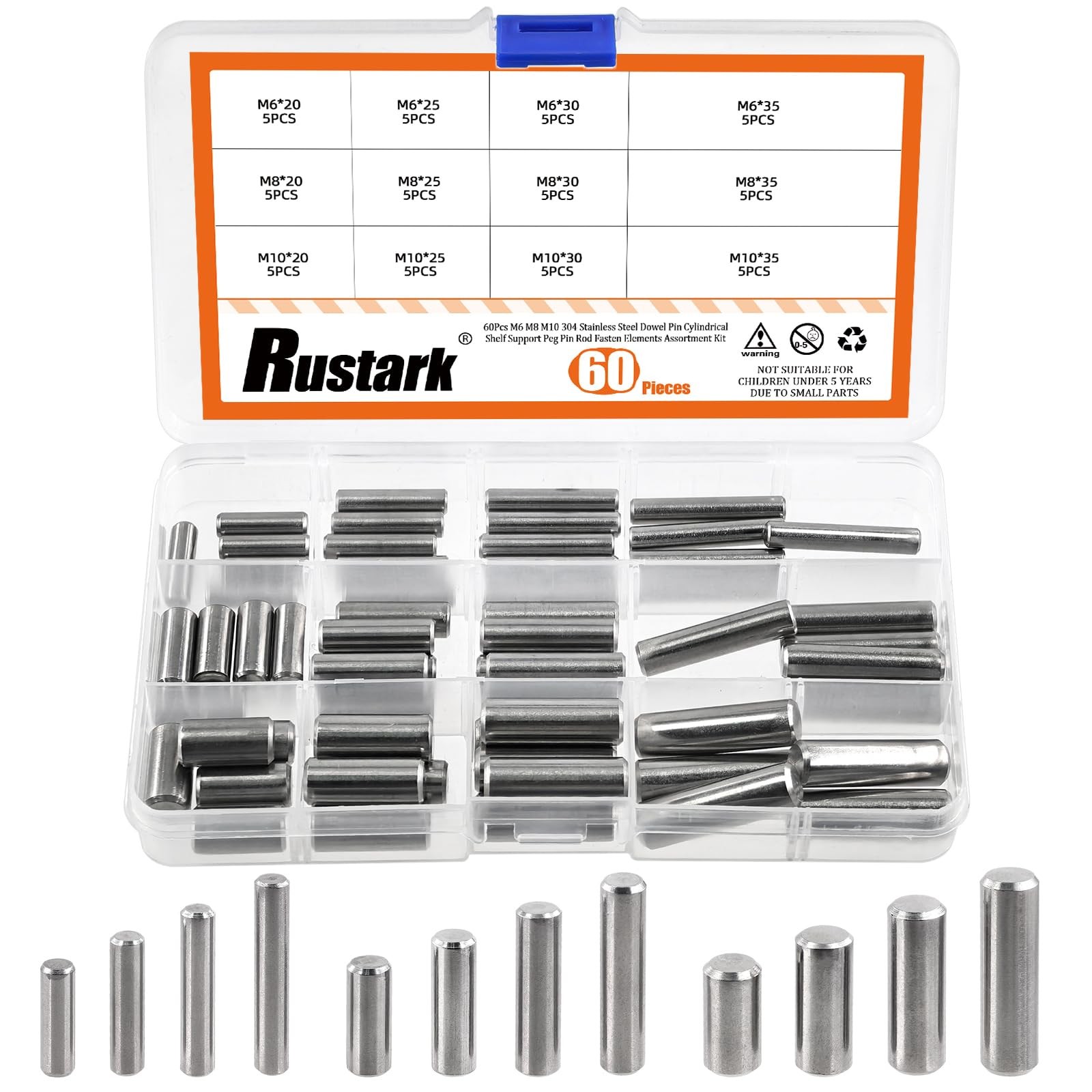 Rustark 60Pcs 12 Sizes 304 Stainless Steel Dowel 12 assorted sizes, silver