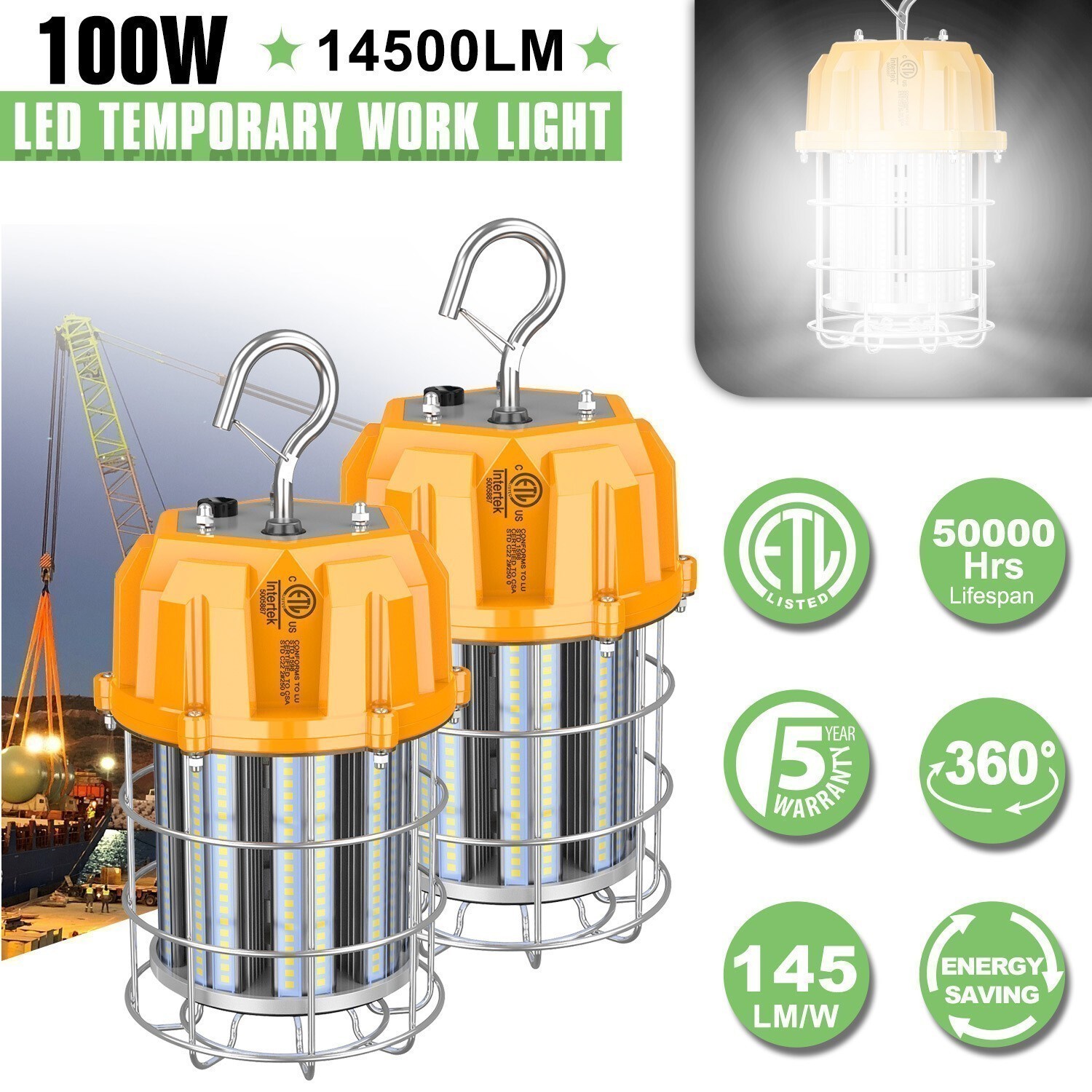 2x 100W LED Temporary Work Light Construction Hanging Workshop Lamp Jobsite Lamp