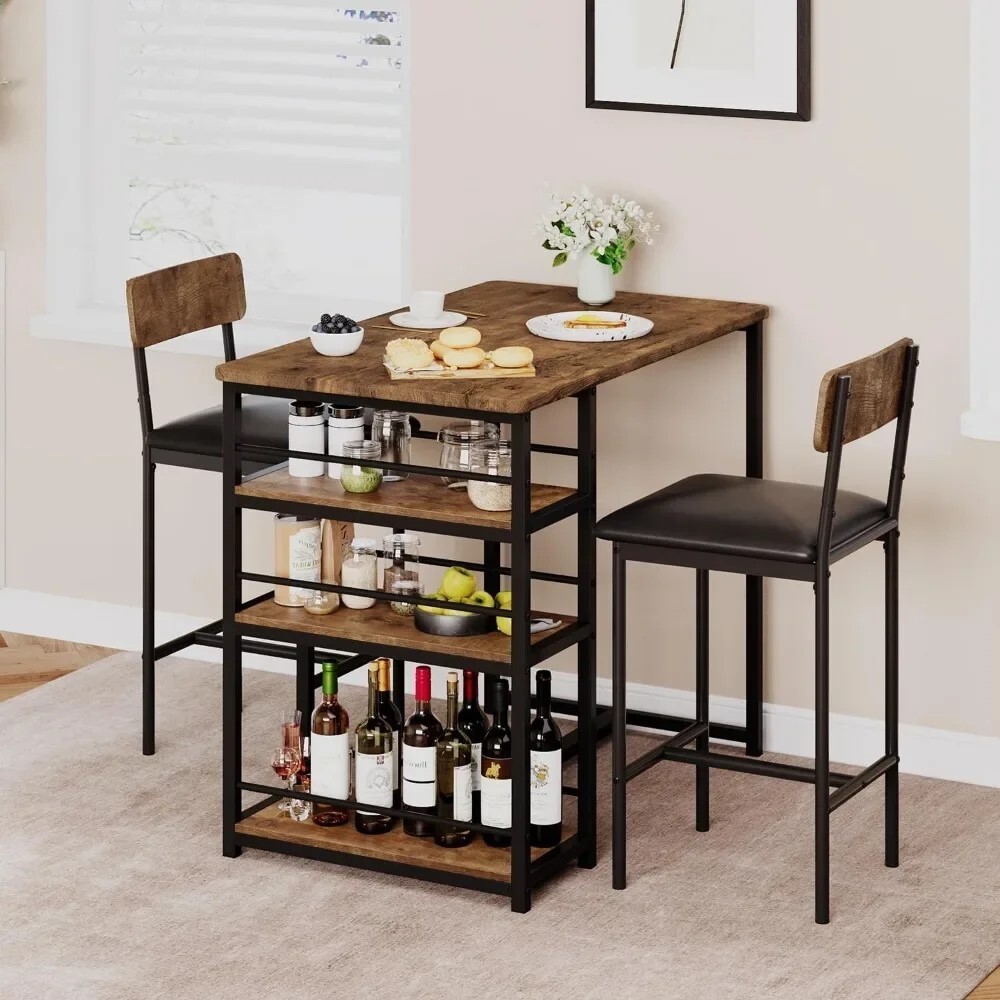 Dining Table Set for 1 Table and 2 Chairs, with 3 Storage Shelves Bar Table Set