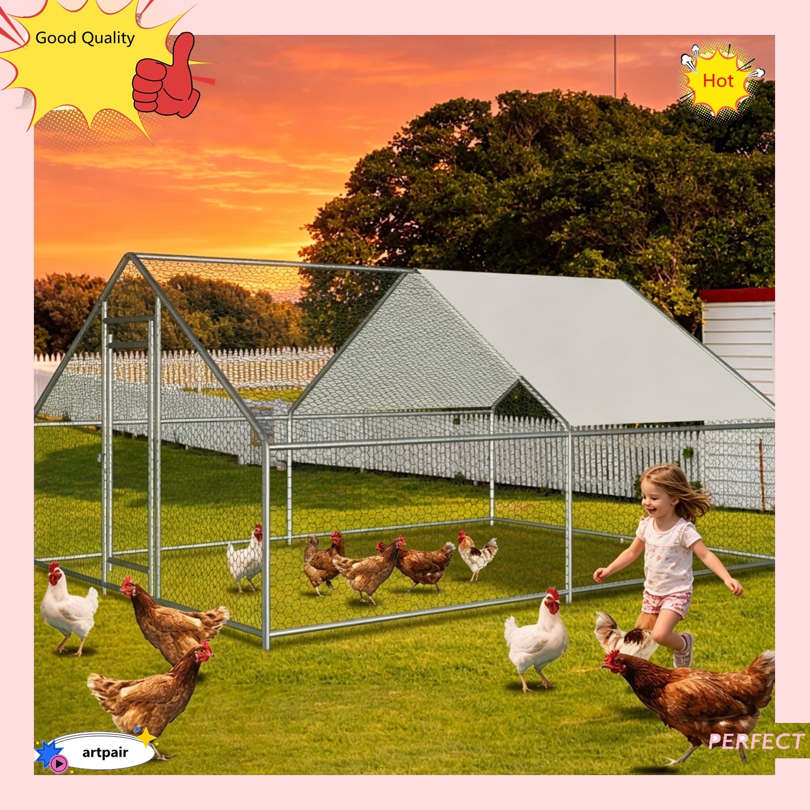 Walk In Chicken Coop 13x9.8x6.6 ft Metal Rabbit Hutch Hen House Cage Enclosure