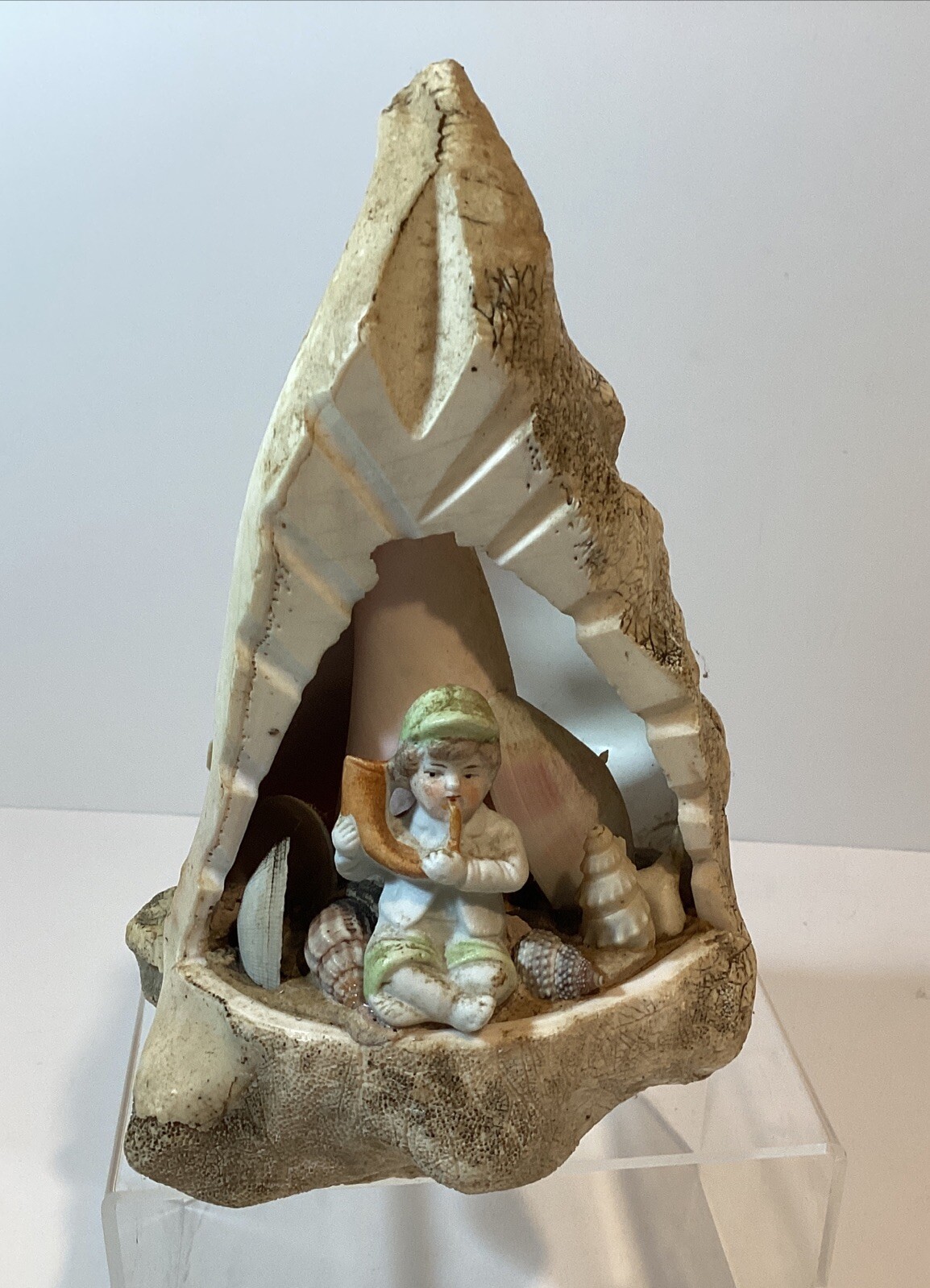 Antique Carved Seashell Conch Folk Art Sailor Souvenir 1800s Porcelain Boy horn