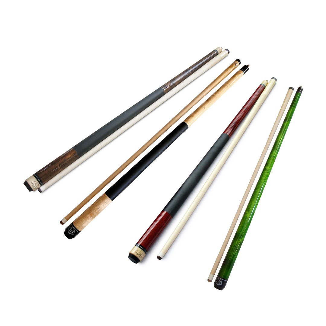 Lot of 4 Champion STGreen/Brown/Burgundy/Natural wood Pool Cue Stick, 4 Cue Tips