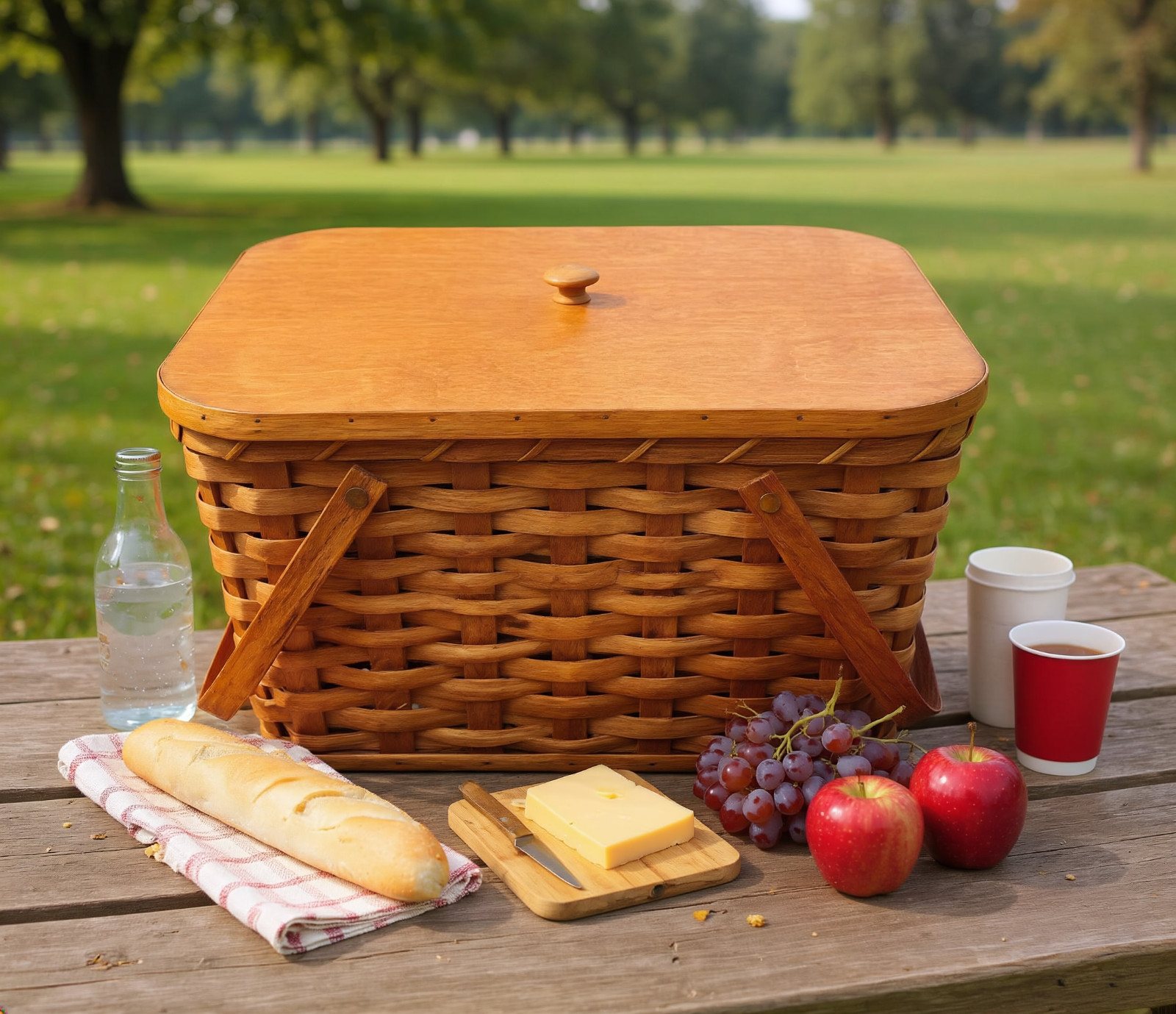 Amish Medium Picnic Basket Solid Oak Lid, Tray and Swinging Handles Amish Handma