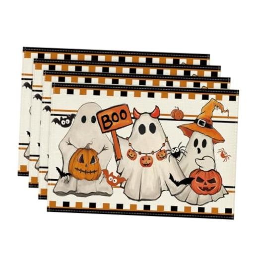 Boo Spooky Ghost Halloween Placemats Set of 12" x 18", Rectangular 4 Pcs Beige
