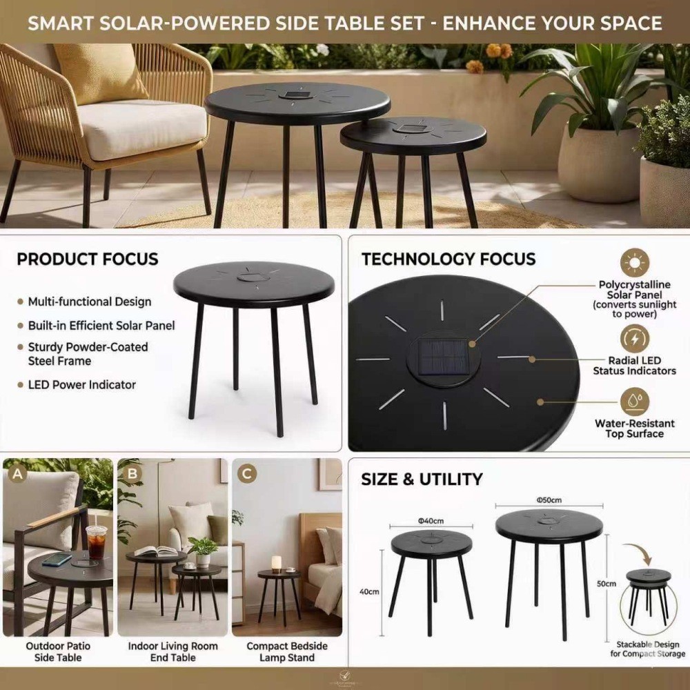 2 Pack Solar Powered Side Table with LED Light Outdoor Indoor Nesting Round End