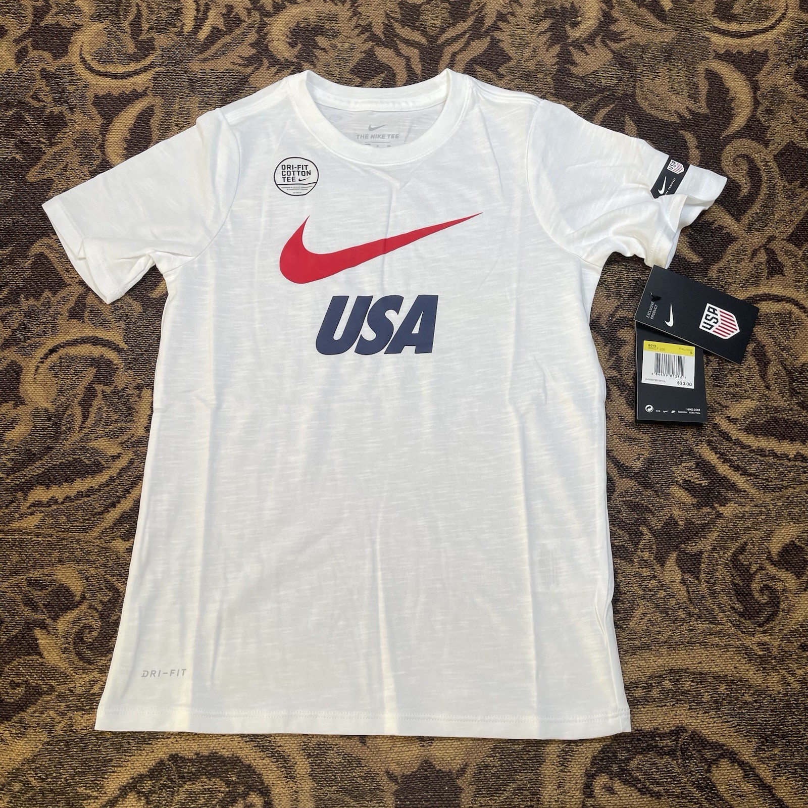 Nike Soccer Dri Fit Tee USA Heather White Boys T Shirt Size Small New