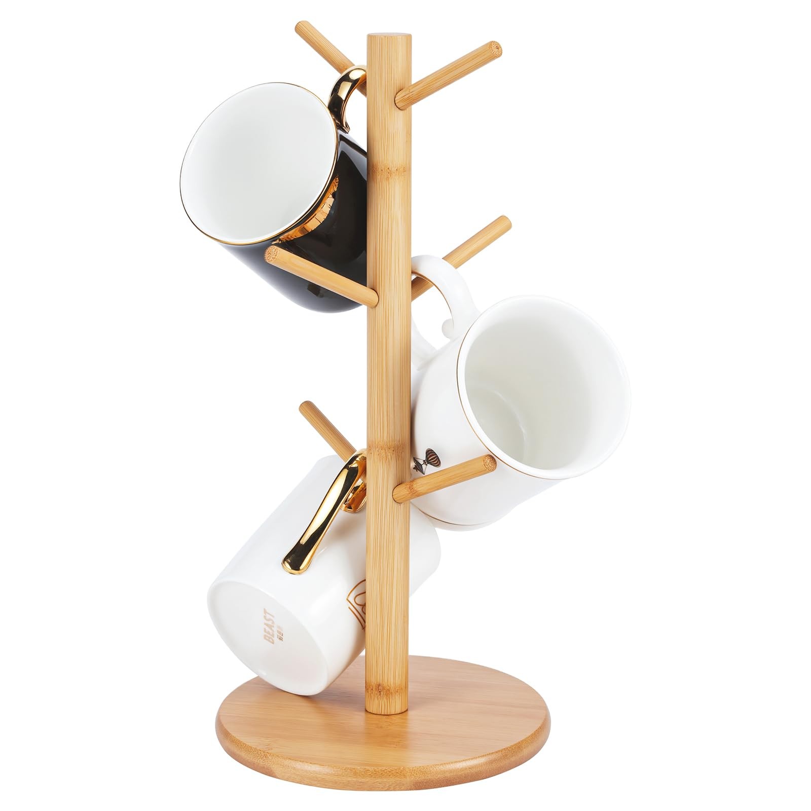 Bamboo Mug Tree Holder, Upgraded Screw Type 6 Hooks Coffee Mug Holders, Decor...