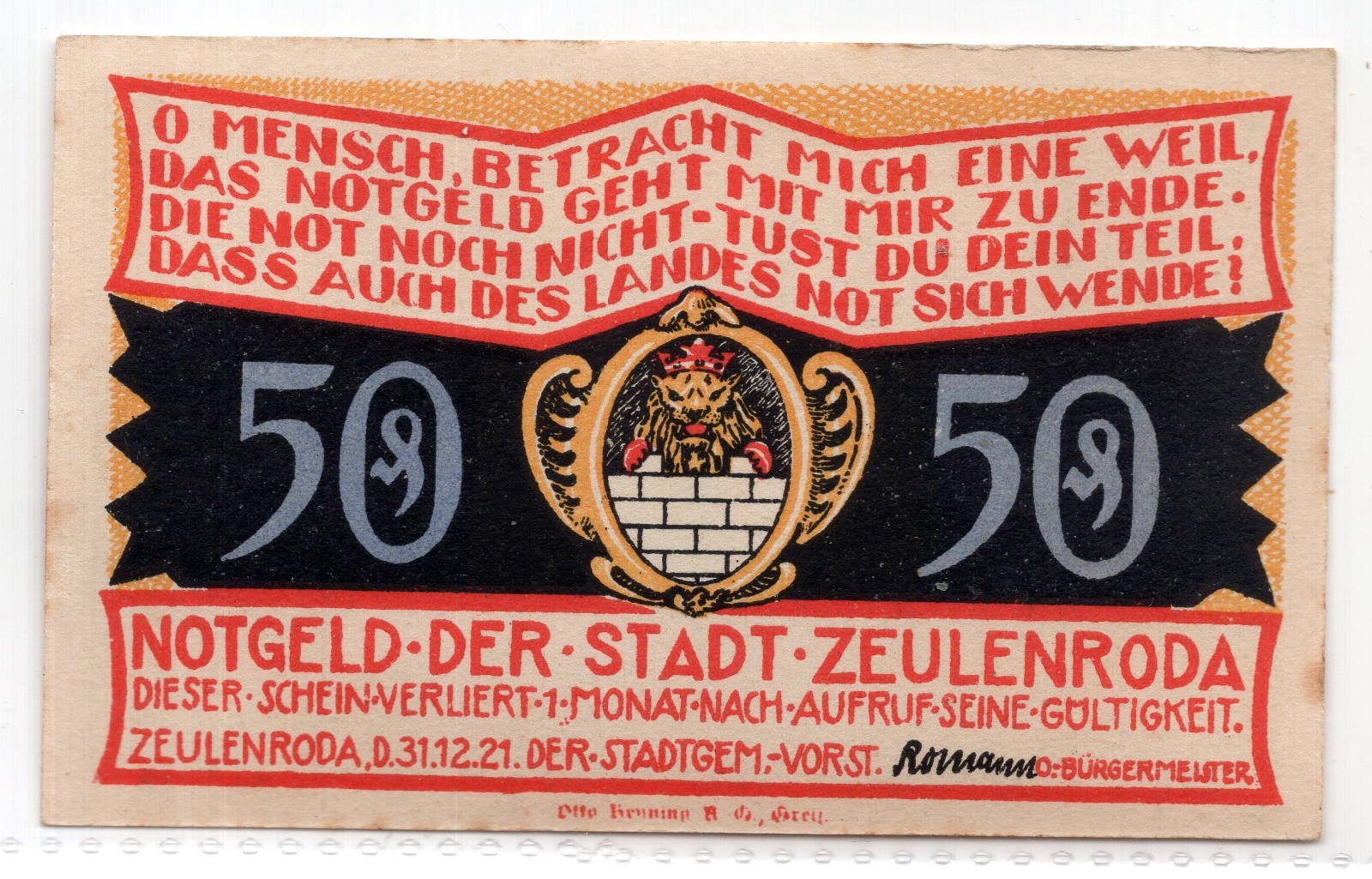 1921 Germany Zeulenroda Notgeld 50 Pfennig Note (894)
