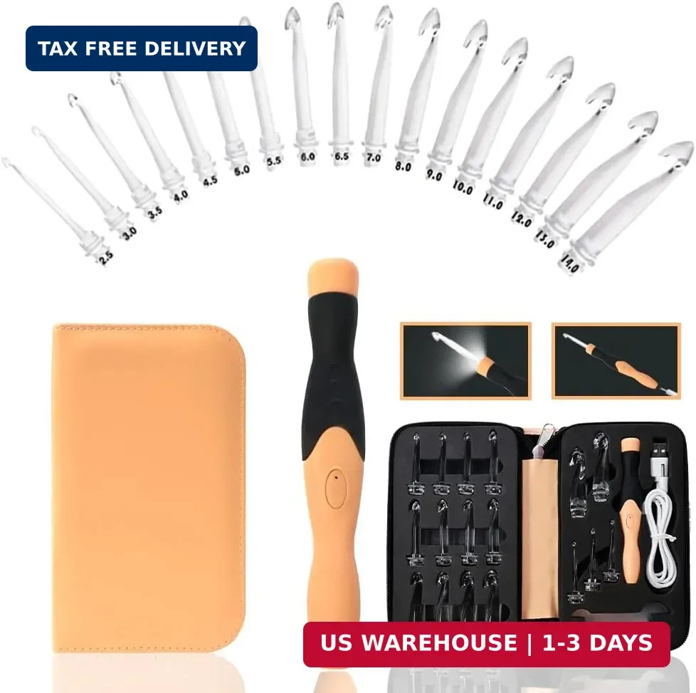 Lewhoo 17 Sizes Light Up Crochet Hooks 2.5mm~14.0mm,Rechargeable Light Up Croche