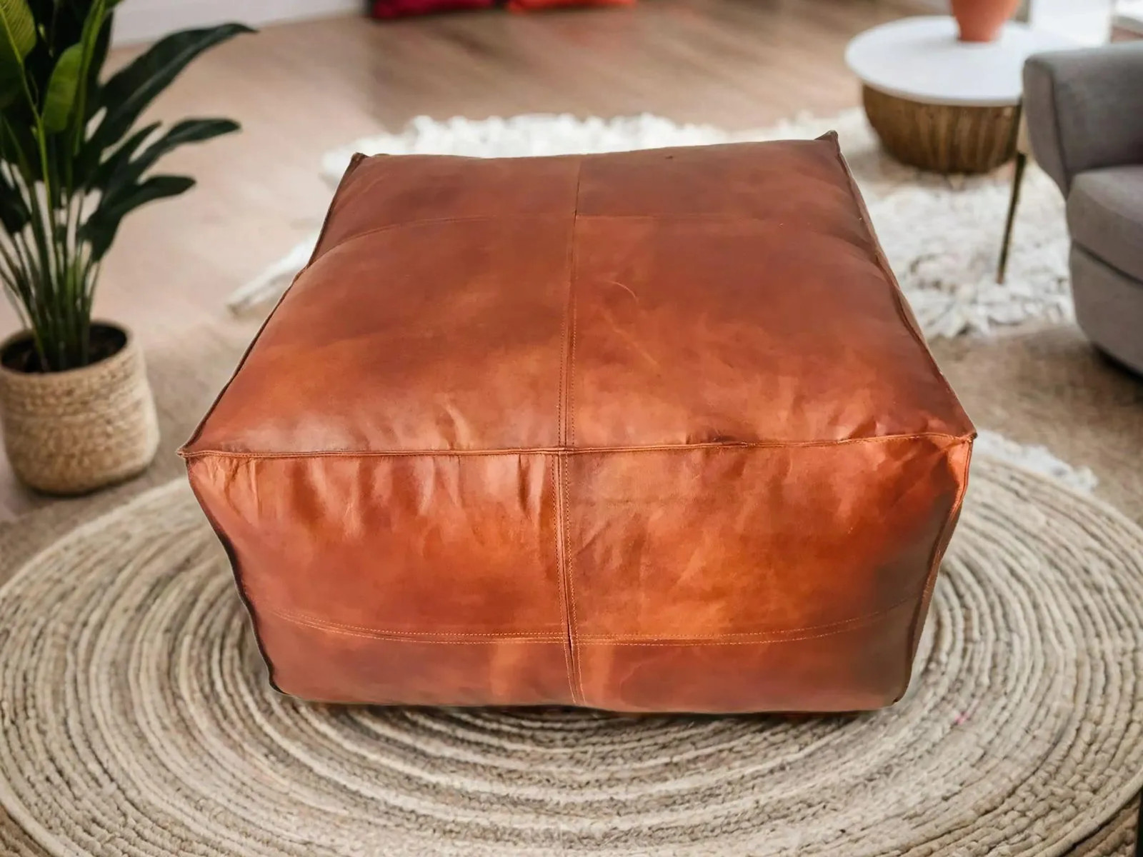 Elegant Brown Leather Footstool Ottoman Handmade Square Design 30'' Unstuffed