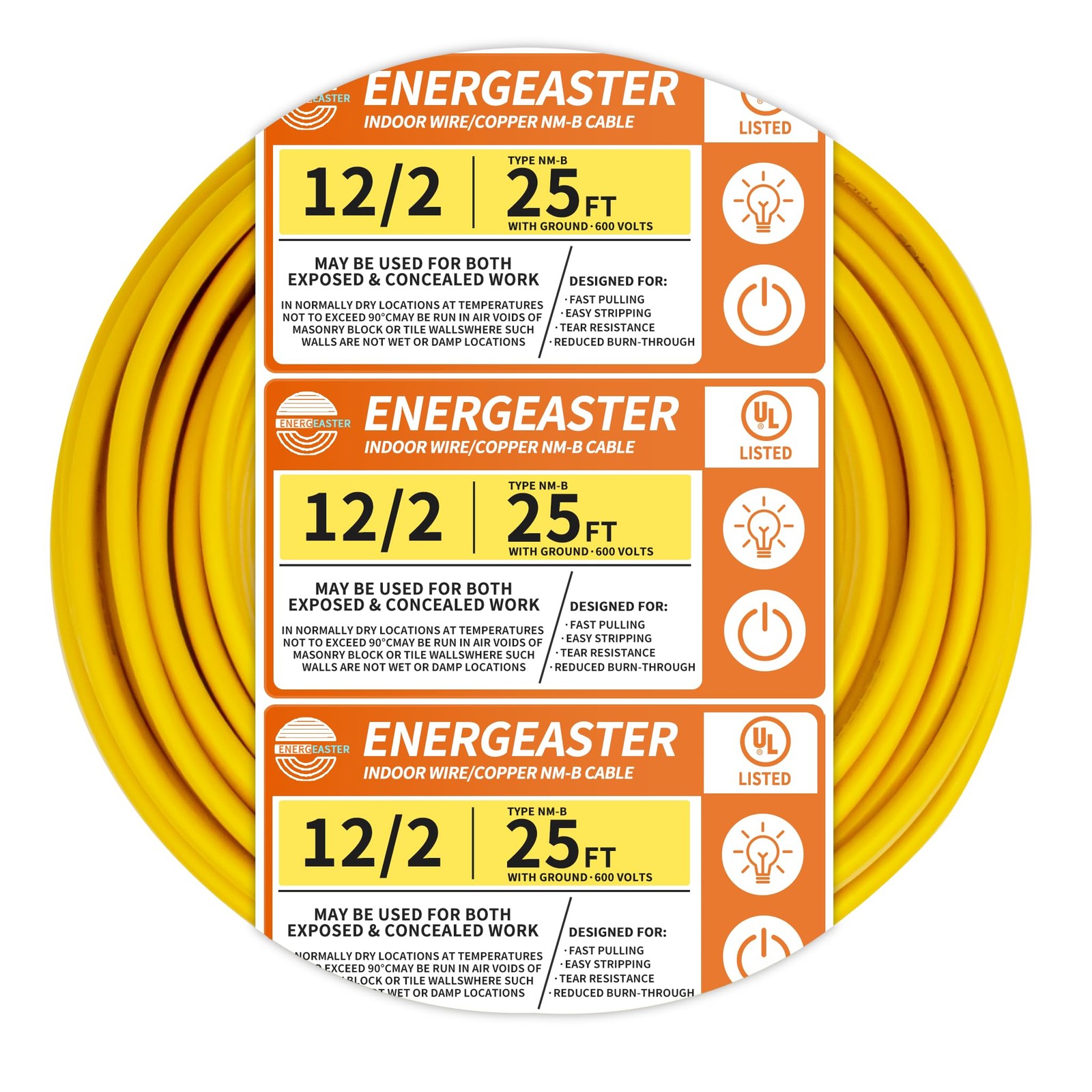 Energeaster Solid Indoor 12/2 W/G NMB Cable 25ft 25FT, 2x12AWG