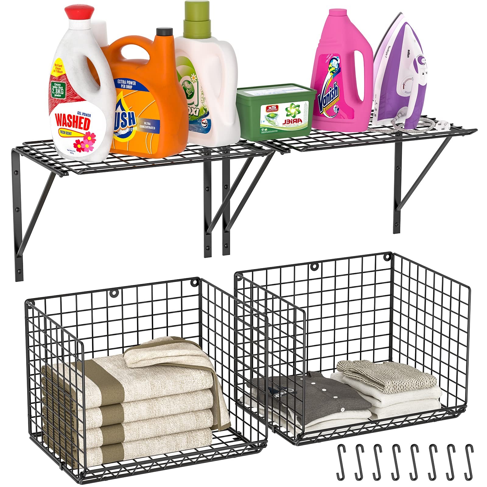 2 Pack Laundry Room Shelves Wire Baskets With 8 Hooks Over Washer And Dryer Shel
