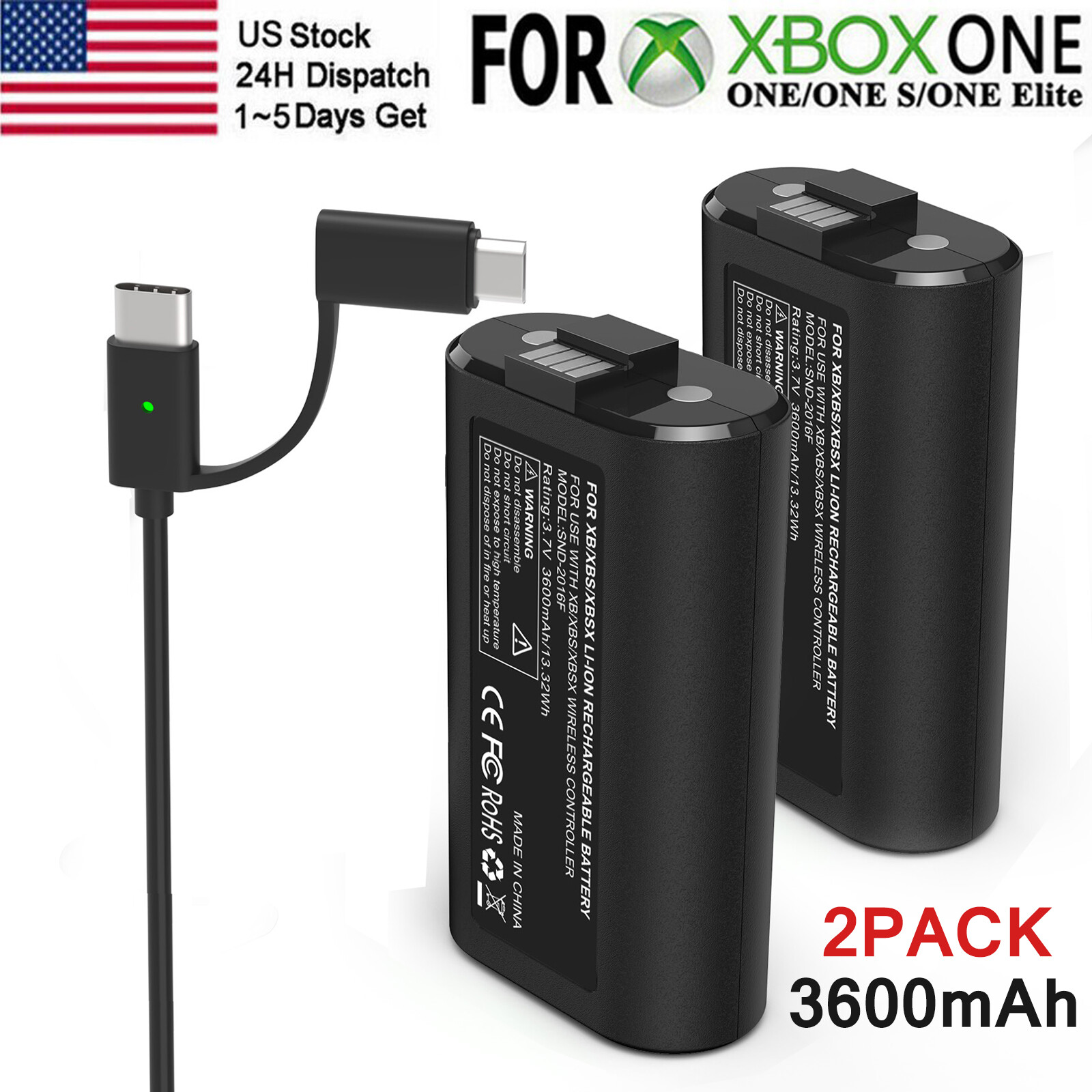 2*Rechargeable Battery+USB Charger Cable Pack For XBOX One/360/S/X Controller US