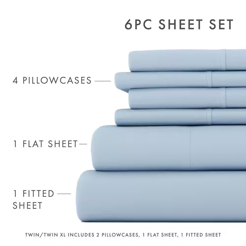 Luxury Ultra Soft 6 Piece Solid Light Blue Microfiber King Sheet Set Free Shippi