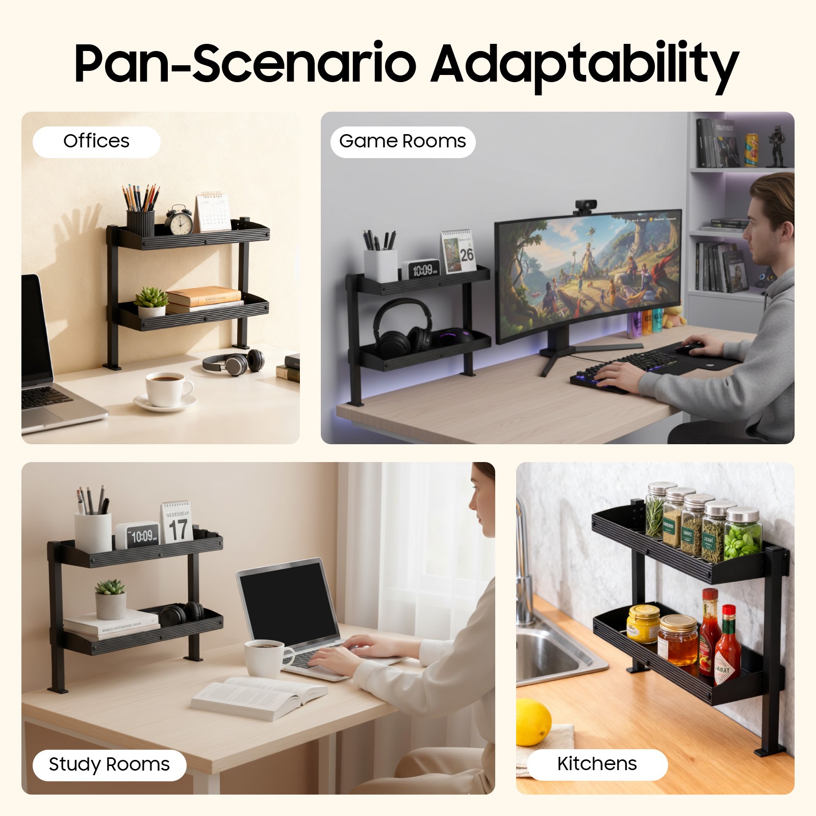 Modern Countertop Desk Shelf, 2-tier Shelving With Adjustable Storage Tray