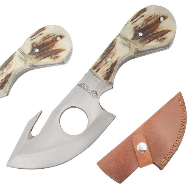 7.25" Gut Hook Stag Handle Knife Fishing Hunting Blade with Leather Case
