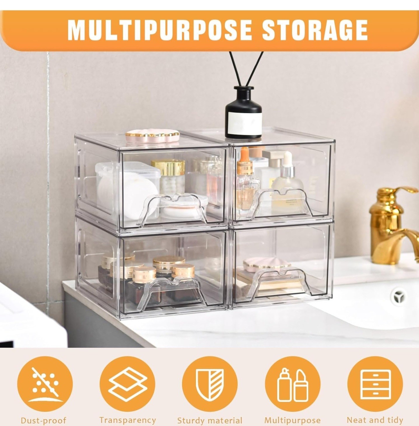 Clear Stackable Plastic Drawer Storage Boxes Set of 6, Anti-Slip, Modern