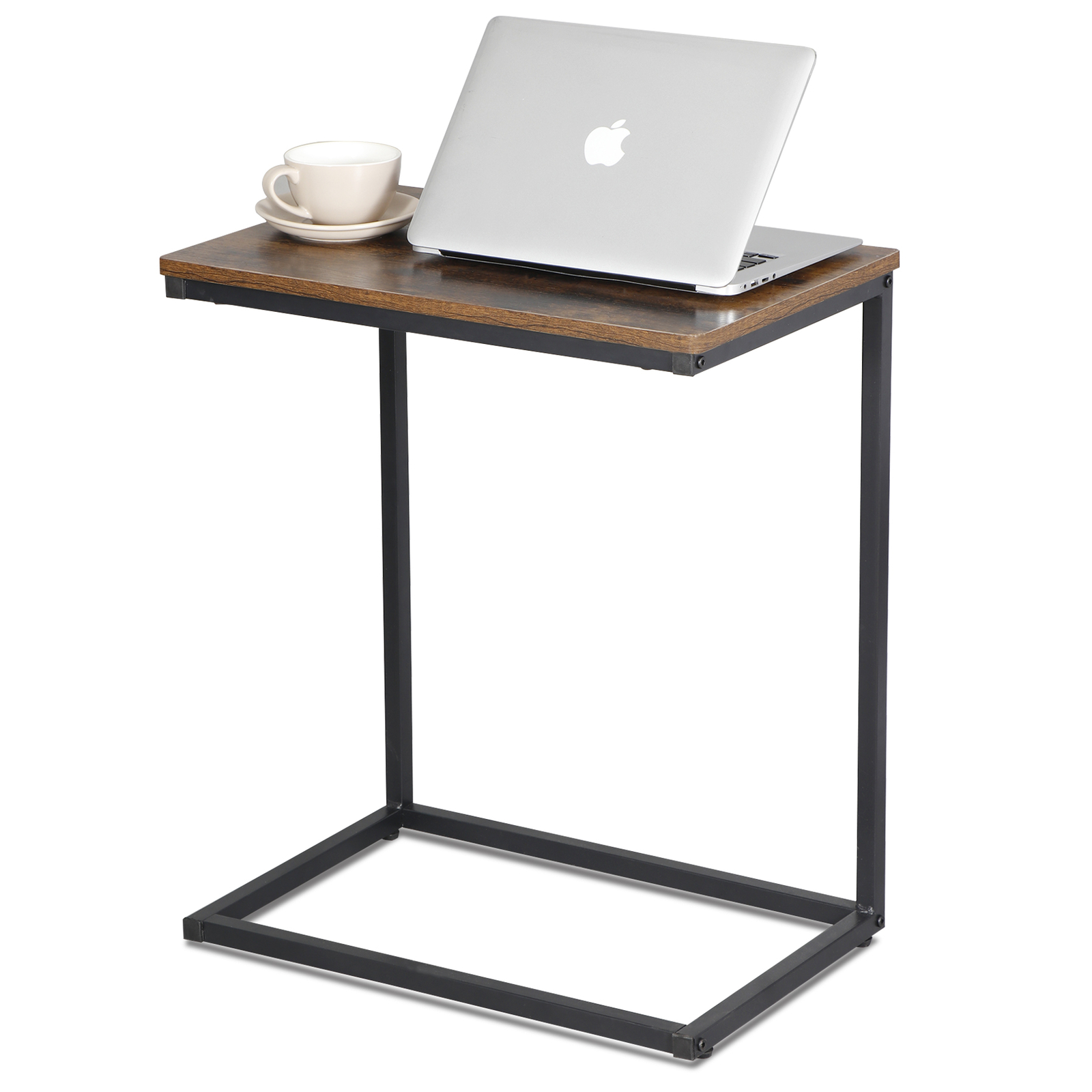 C Shaped End Table 2PCS Rustic Brown Side Table Bedside Table with Metal Frame