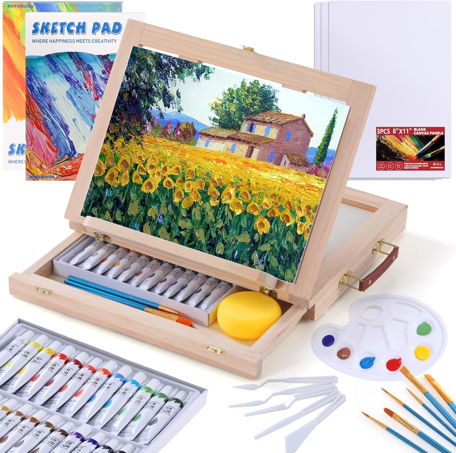 54pc Watercolor Set with Wooden Easel Canvas Brushes Palette