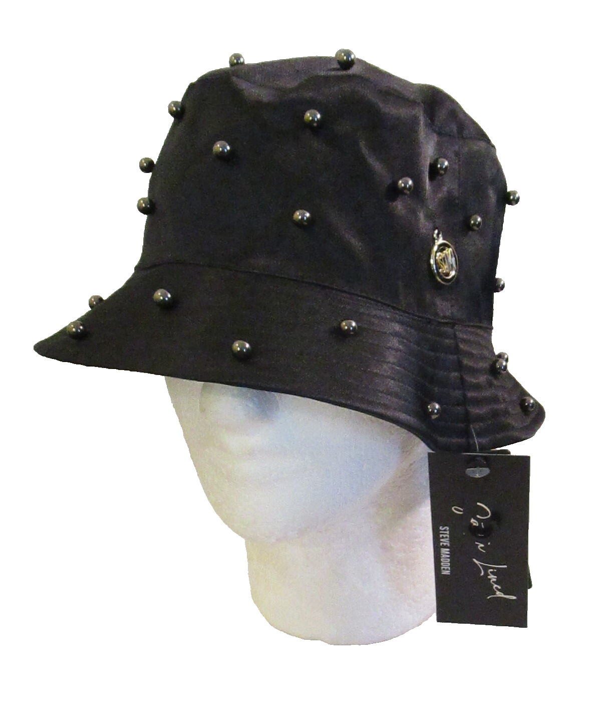 NWT Steve Madden Womens Faux Pearl Satin Bucket Hat One Size Black MSRP$36