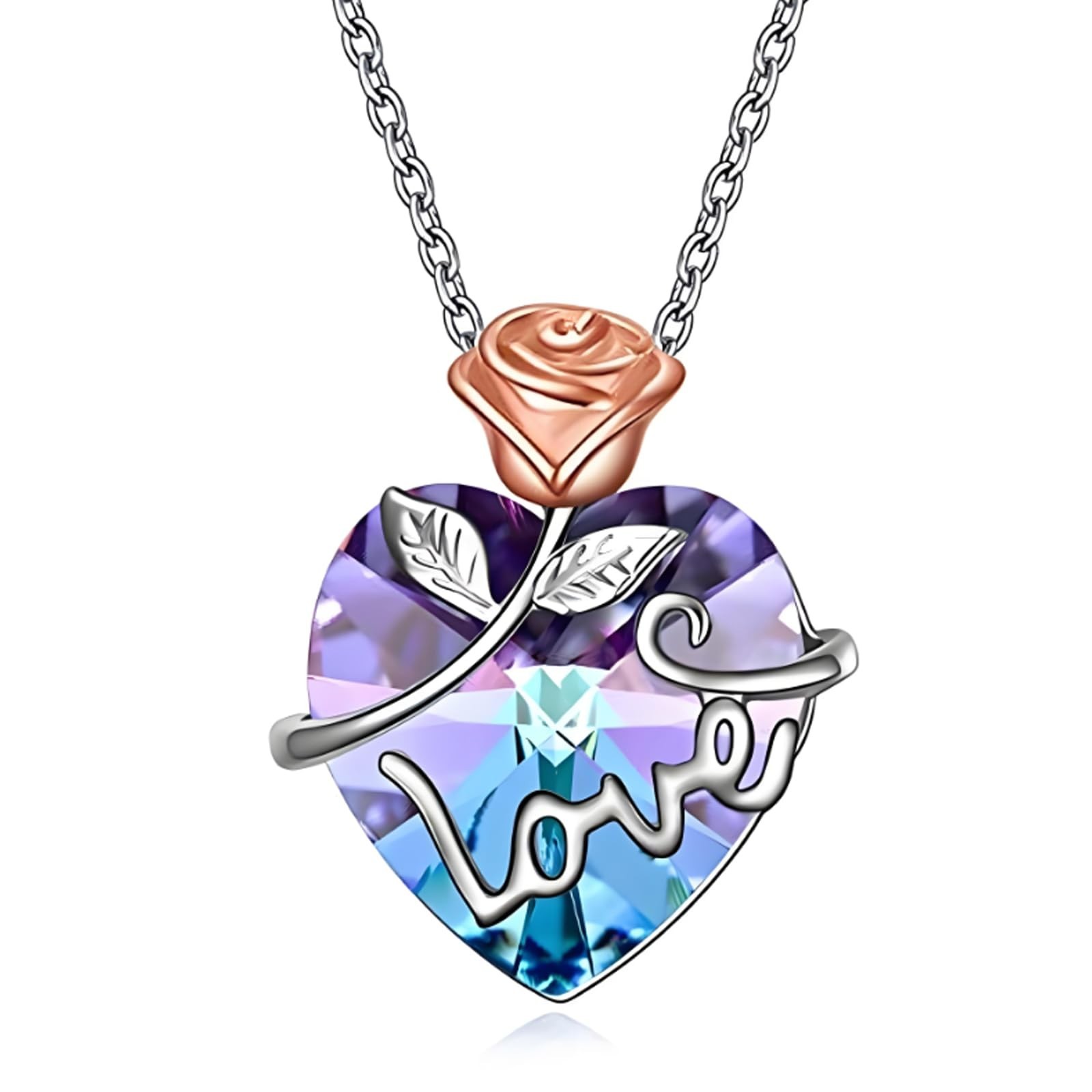 AOBOCO Rose Flower Crystal Pendant Necklace for Women, Sterling Silver Romant...