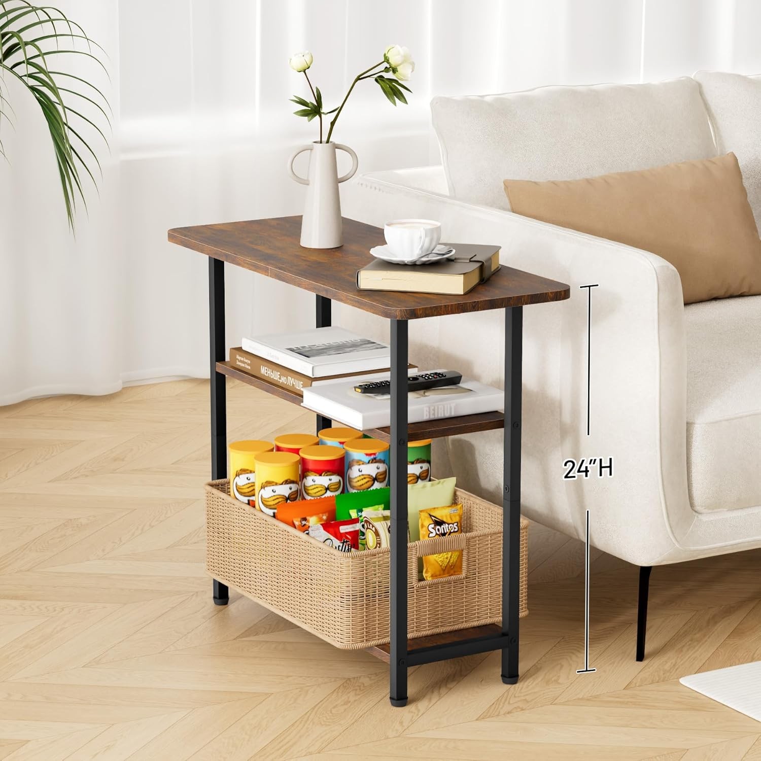 Side Table Living Room 3-Tier End Table Small Space W/ Wide Storage Tabletop