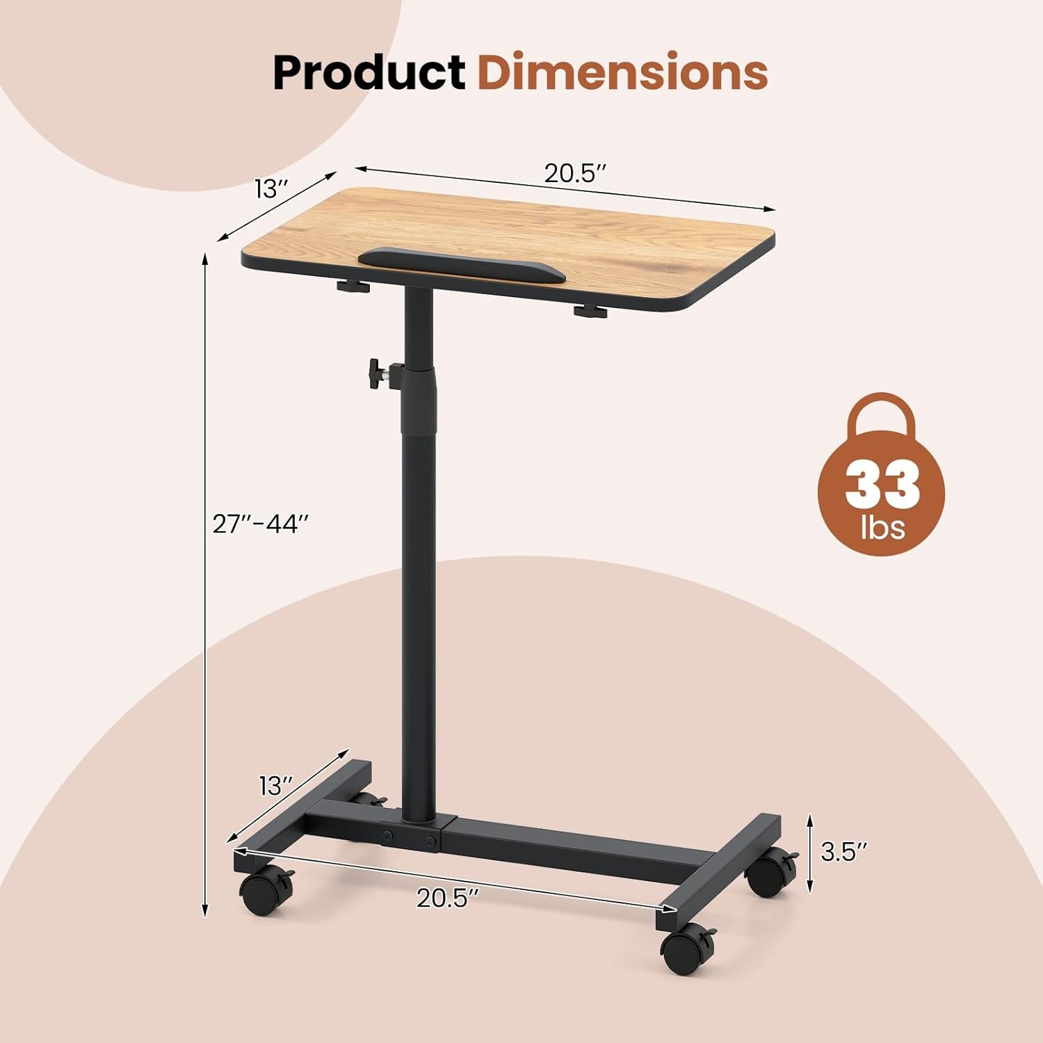 Overbed Table W/ Wheels Medical Adjustable Bedside Table Mobile Standing Desk