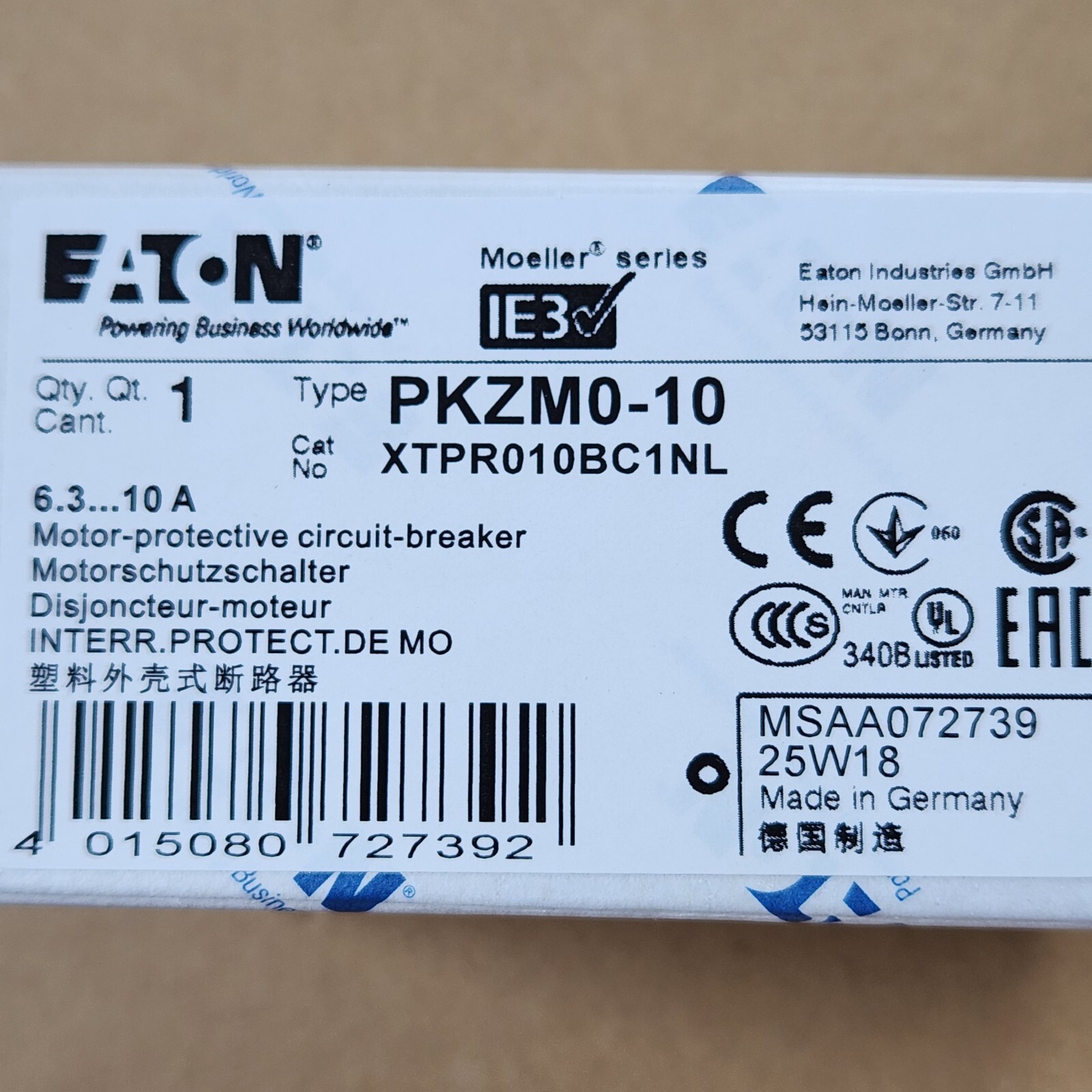 New EATON Moeller PKZM0-10 CIRCUIT BREAKER, PKZM010, PKZMO10