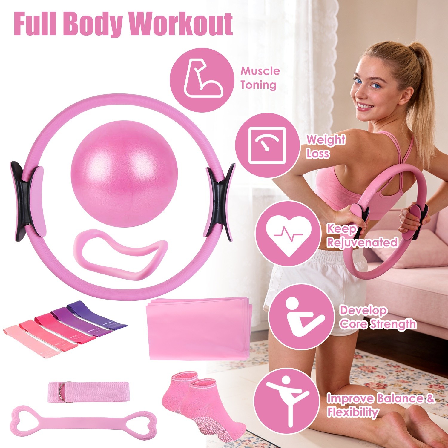 14Pcs Pilates Ring Essentials Kit Yoga Strap For Women & Yoga Ball Arm Stretcher