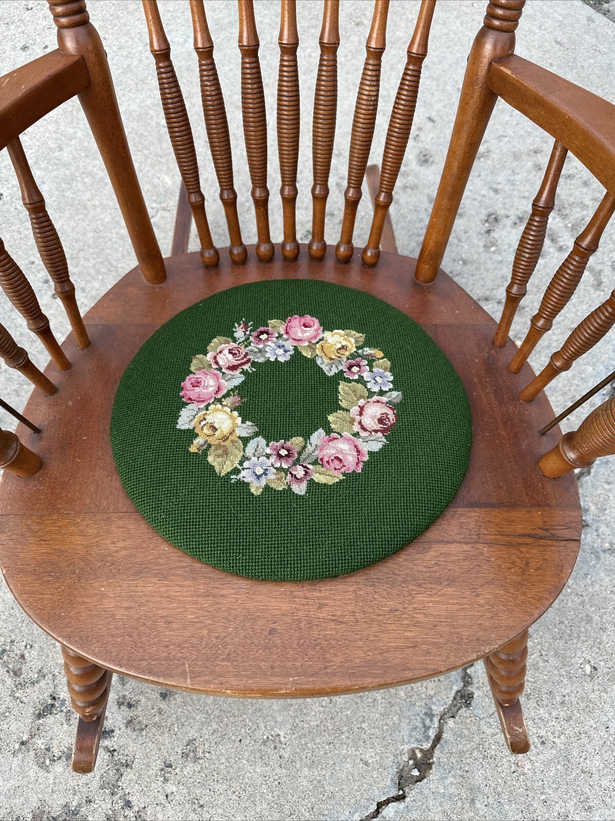Vintage Victorian Rustic Maple Wood Spindle Back Needlepoint Seat Rocking Chair