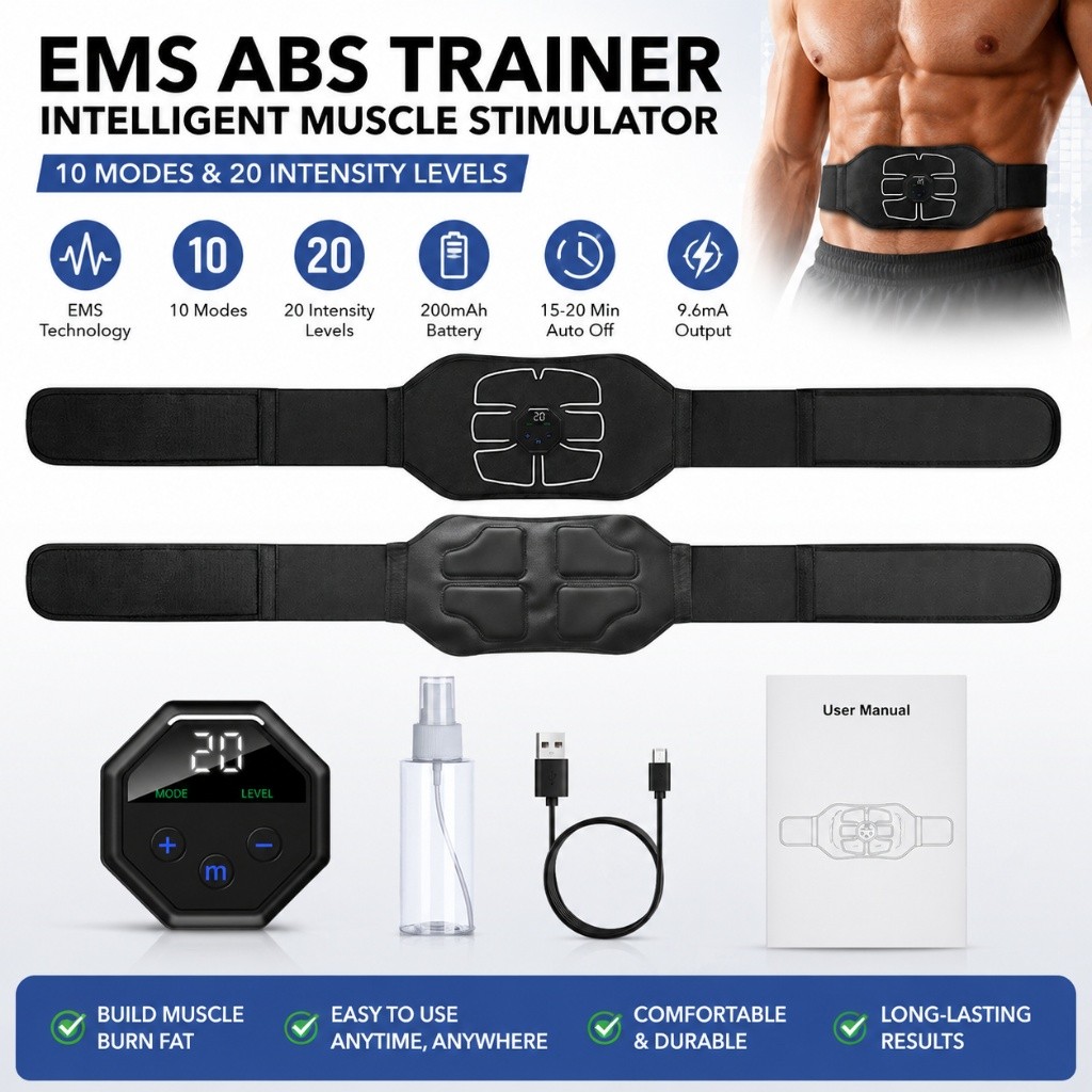EMS Abs Stimulator Belt Smart Abdominal Muscle Toner Fitness Workout Trainer LCD