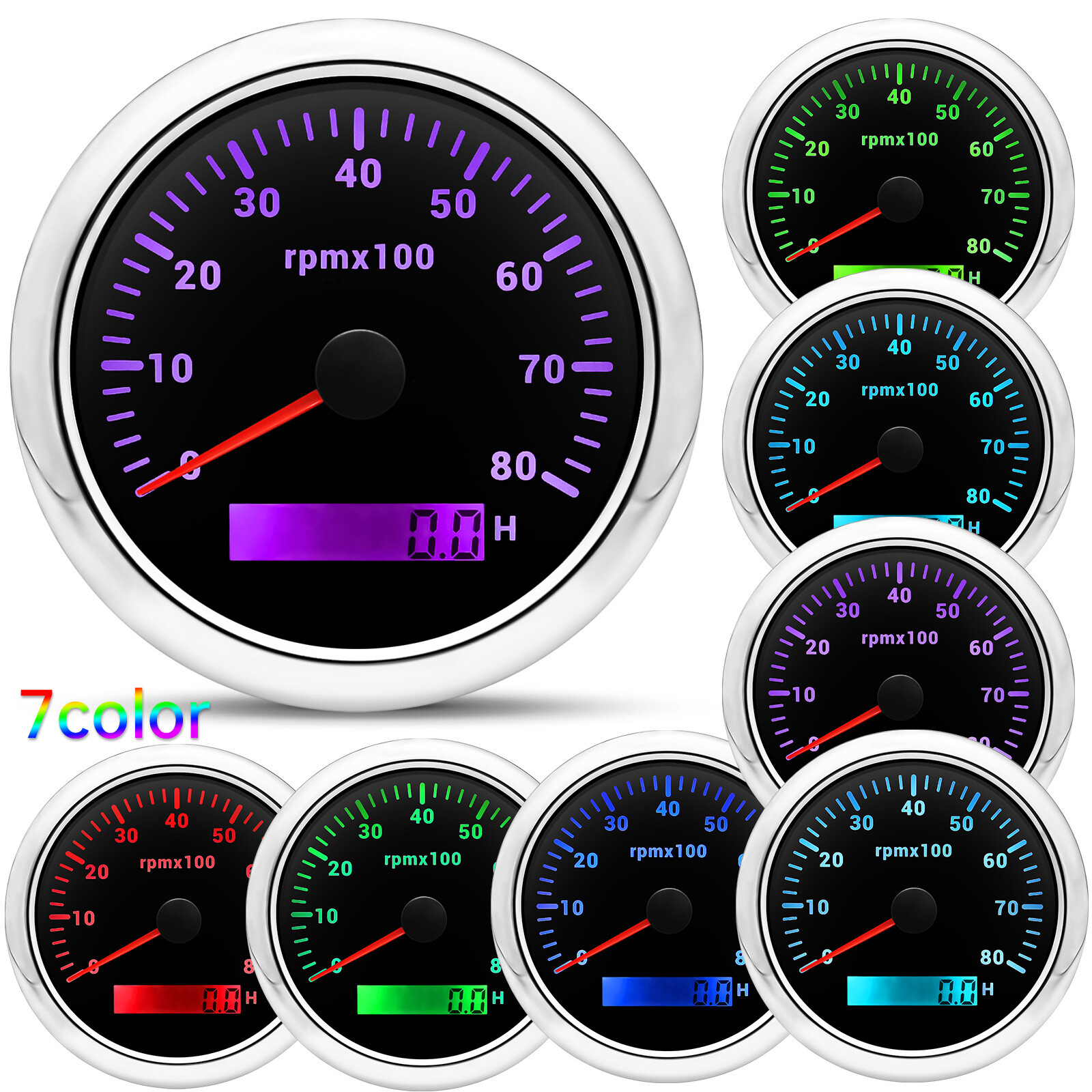 85mm Waterproof Tachometer Gauge 0-8000RPM 7 Color LED For Car Marine Boat Yacht