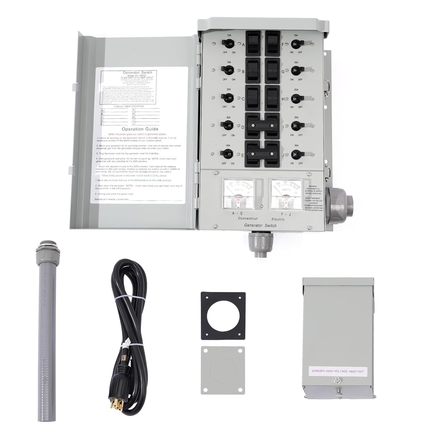 10-Circuit 30A Generator Transfer Switch - Complete Pre-Wired Kit, Inlet & Cable