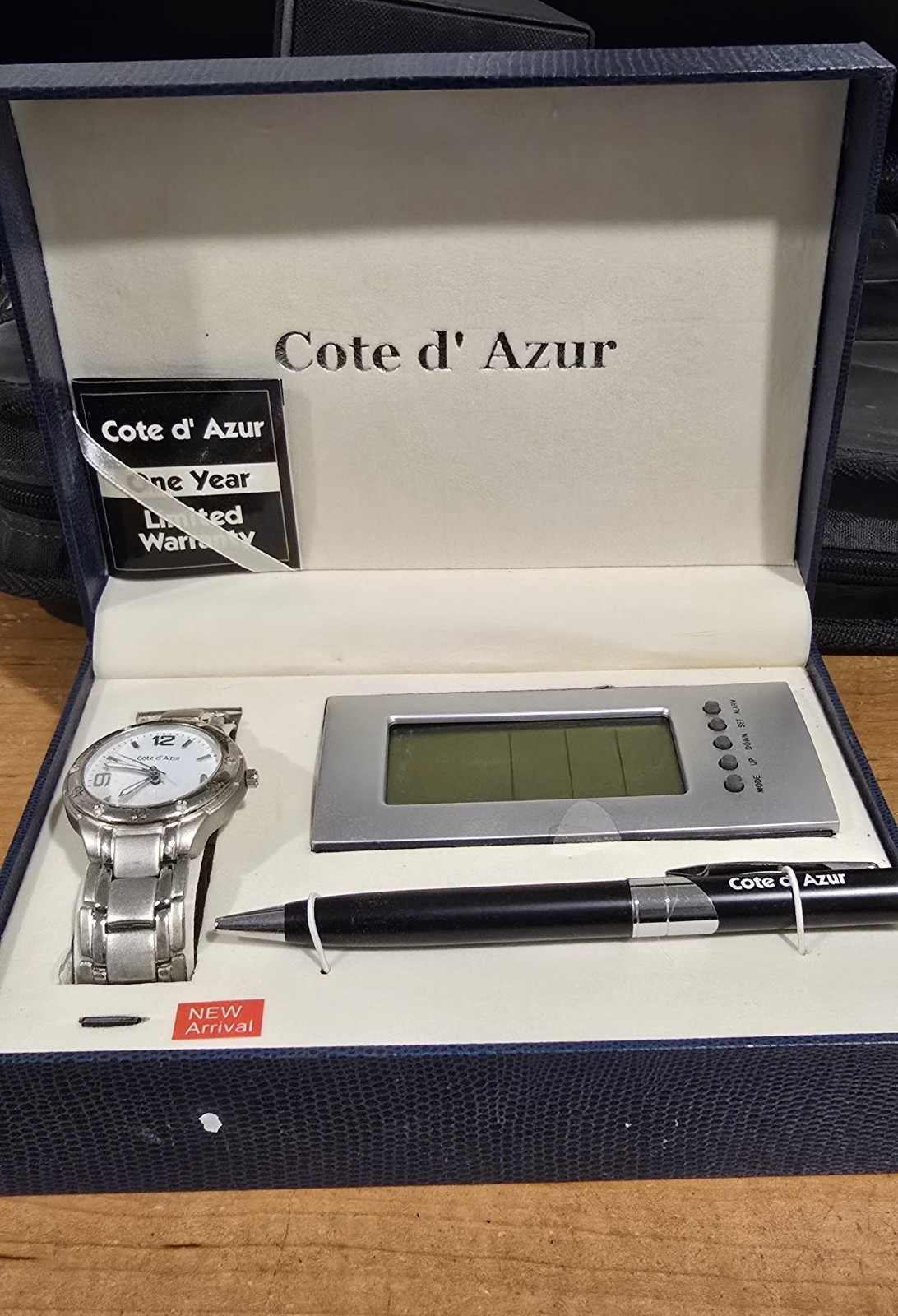Cote d' Azur Men's 3-Piece Accessory Set Silver Black Watch Pen Clock