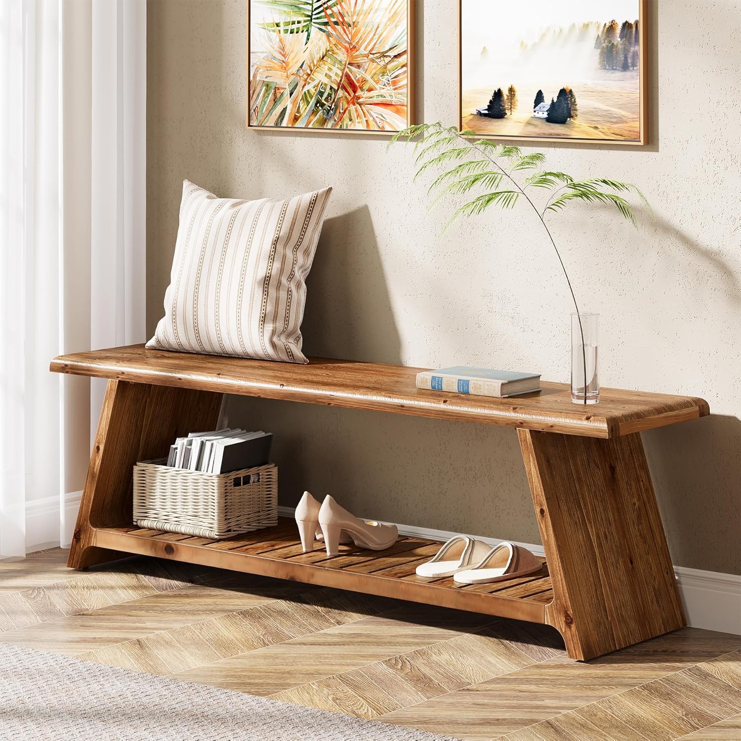 63 Inch Solid Wood Entryway Bench, Farmhouse Narrow Shoe Bench Seat with Storage