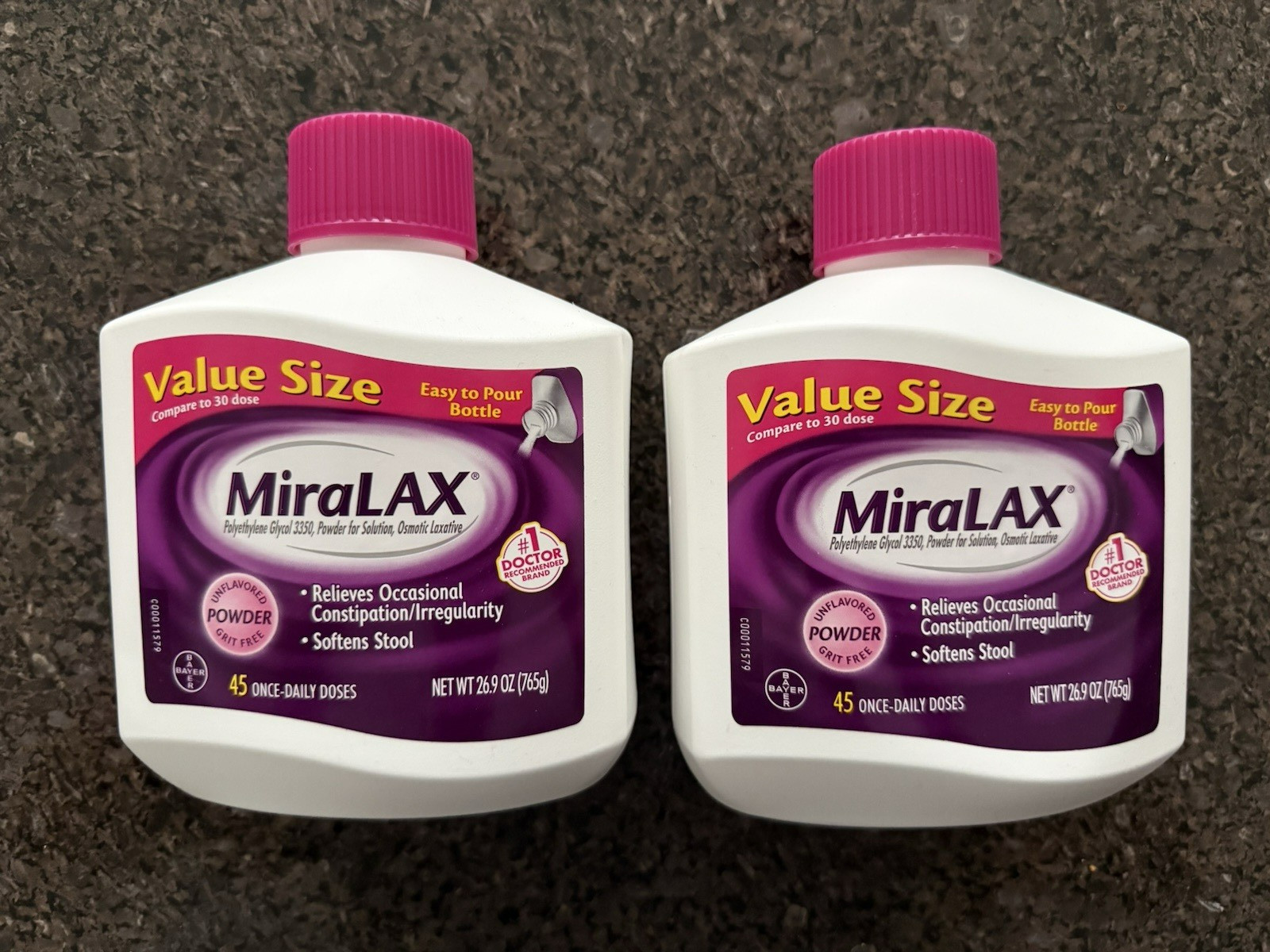 2 PacK MiraLAX Laxative Powder 45 Days - 26.9 Oz - Value Size - 06-27+