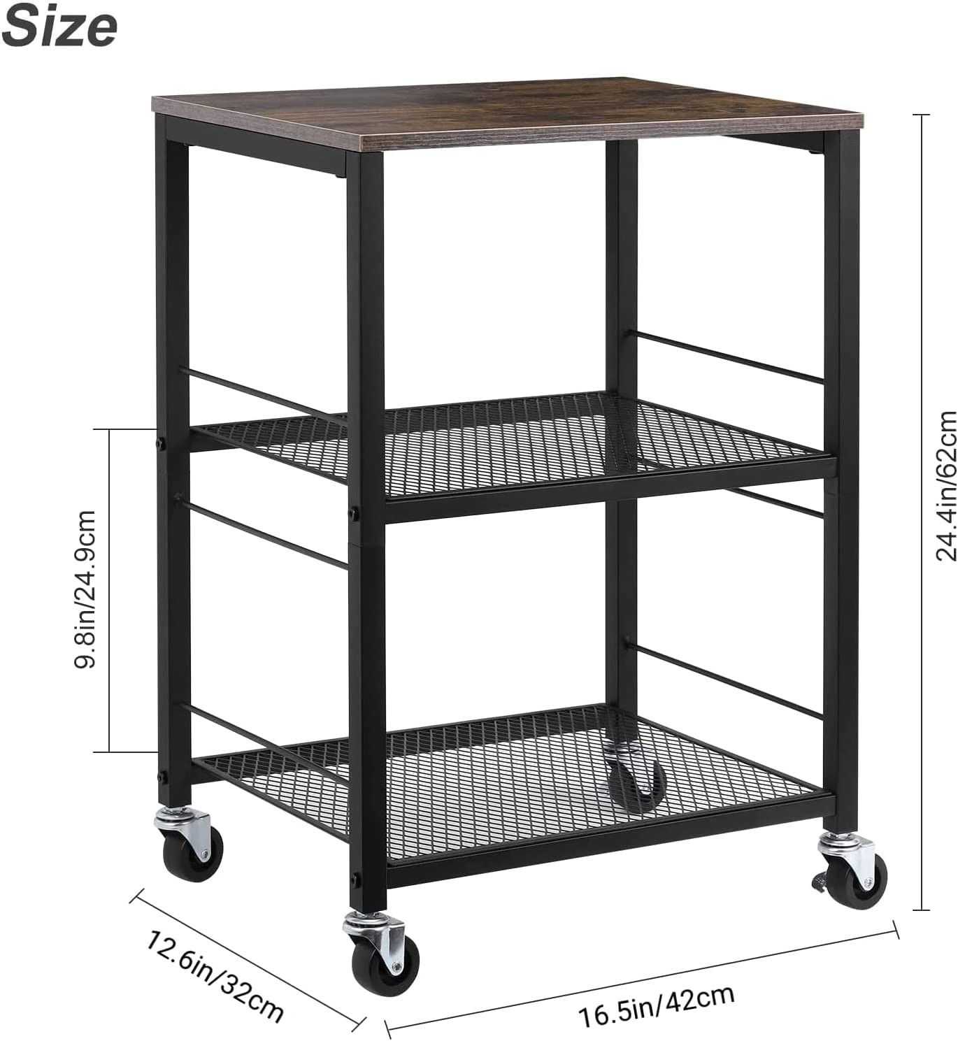 3 Tier Rolling Cart, Black Kitchen Carts on Wheels with Storage, Multifunctio...