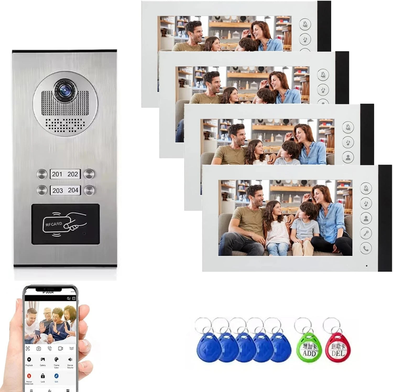 Wired Video Multifamily Apartment Intercom System,4Units 7 inch Monitor Video