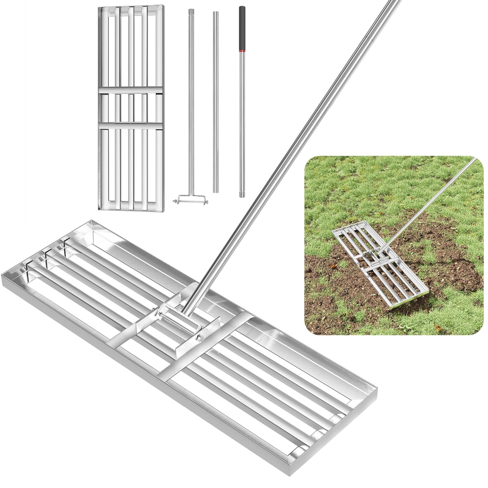 Lawn Leveling Rake 30" x 10" - Heavy-Duty Steel Tool with 78" Handle for Gardens