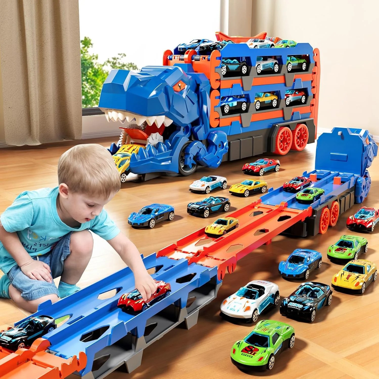 T-Rex Transporter Dinosaur Truck Toys. Car Toys Set for Kids -blue
