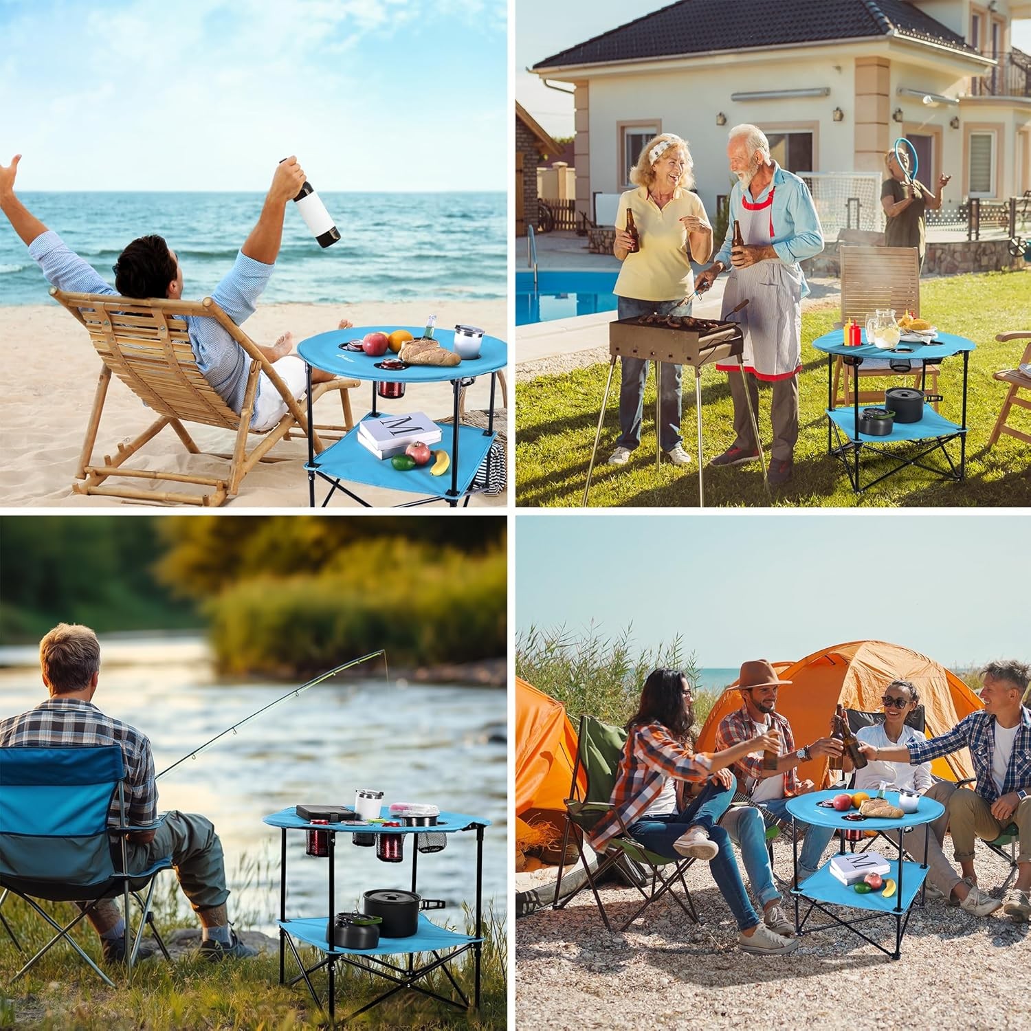 VILLEY Folding Round Camping Table Double-Layer w/4 Cup Holders & Carry Bag US