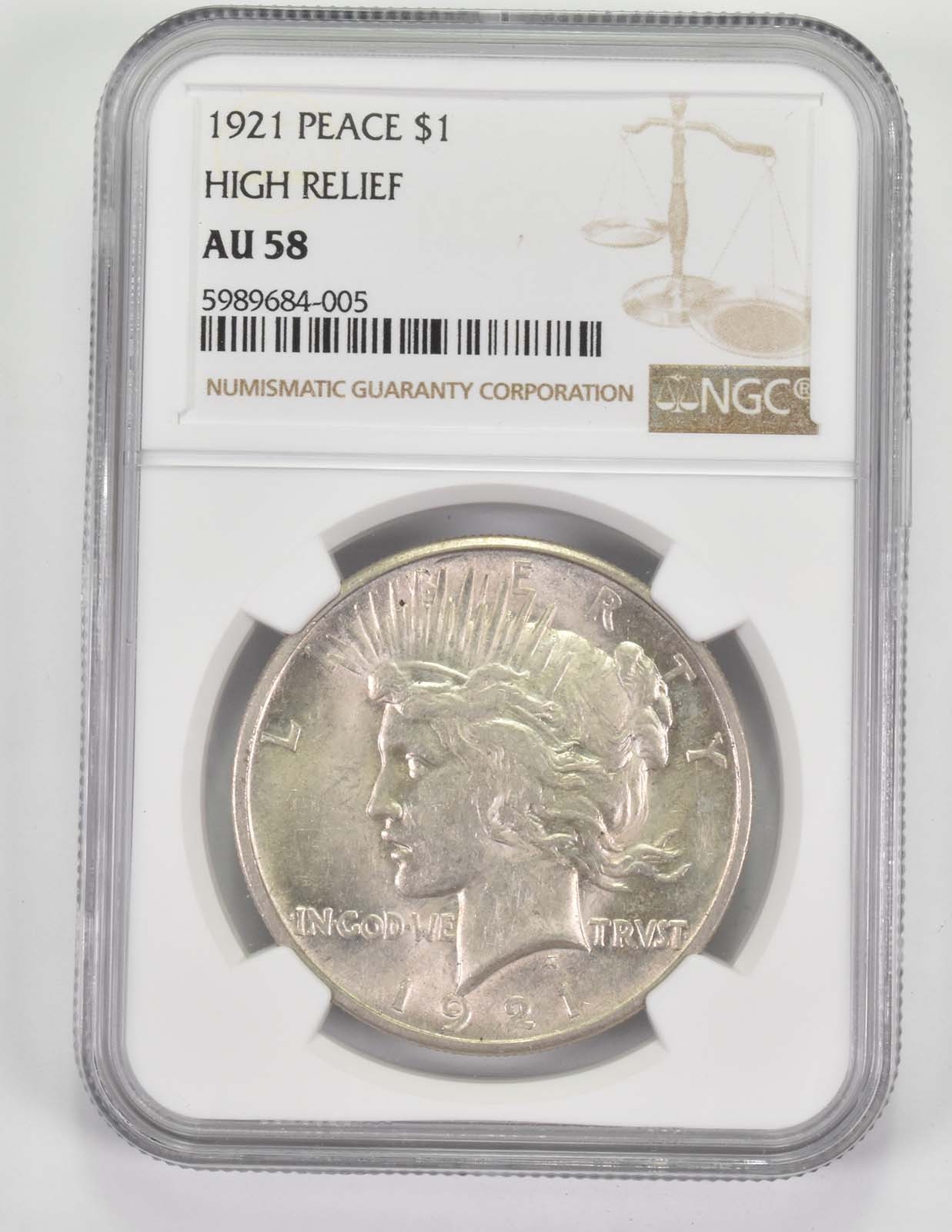 AU58 1921 Peace Silver Dollar - High Relief - Graded NGC *9695