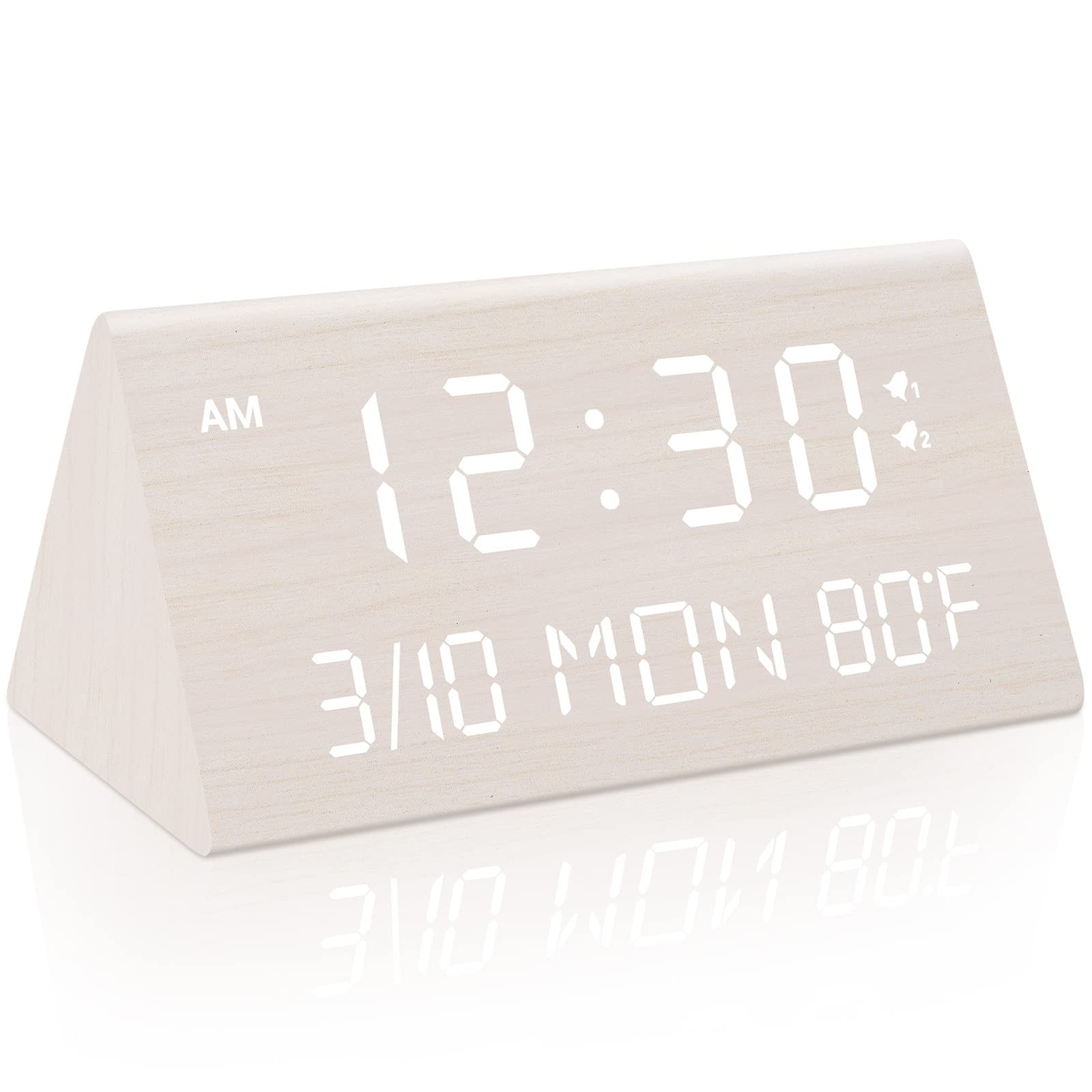 Digital Wood Clock, 9 Min Snooze, 12/24H Format, Dual Alarm, Date, White