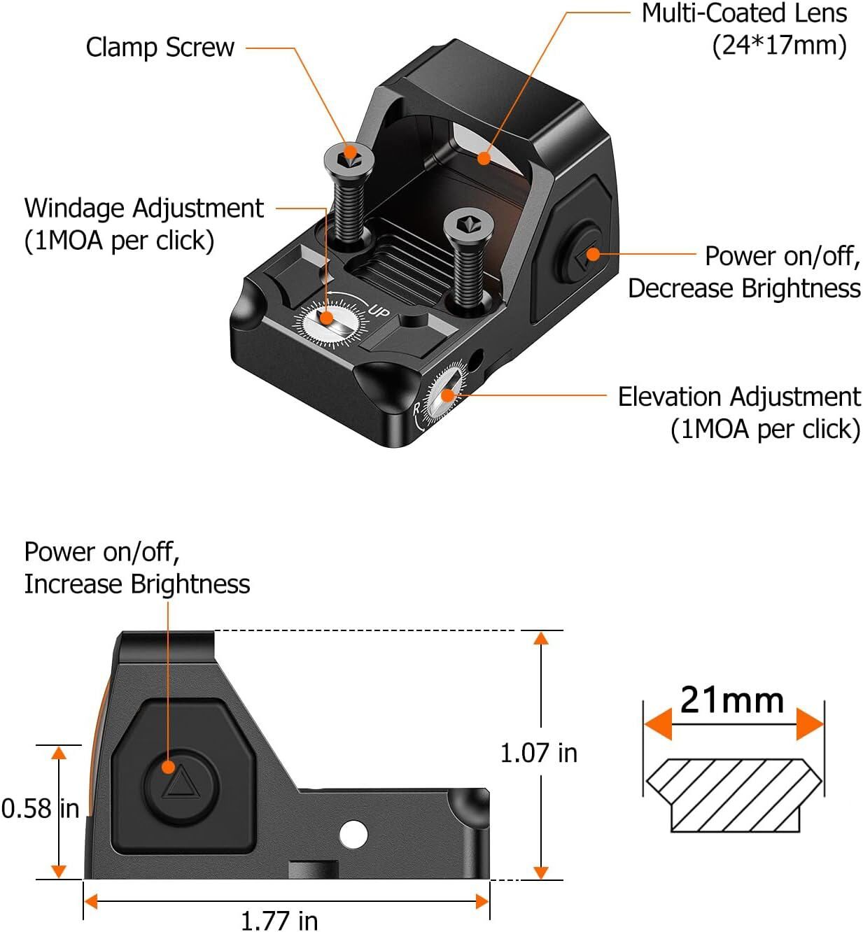 Tcatical Aluminum Mini RMR Reflex Red Dot Sight Shake Awake Optic Sight 2 MOA