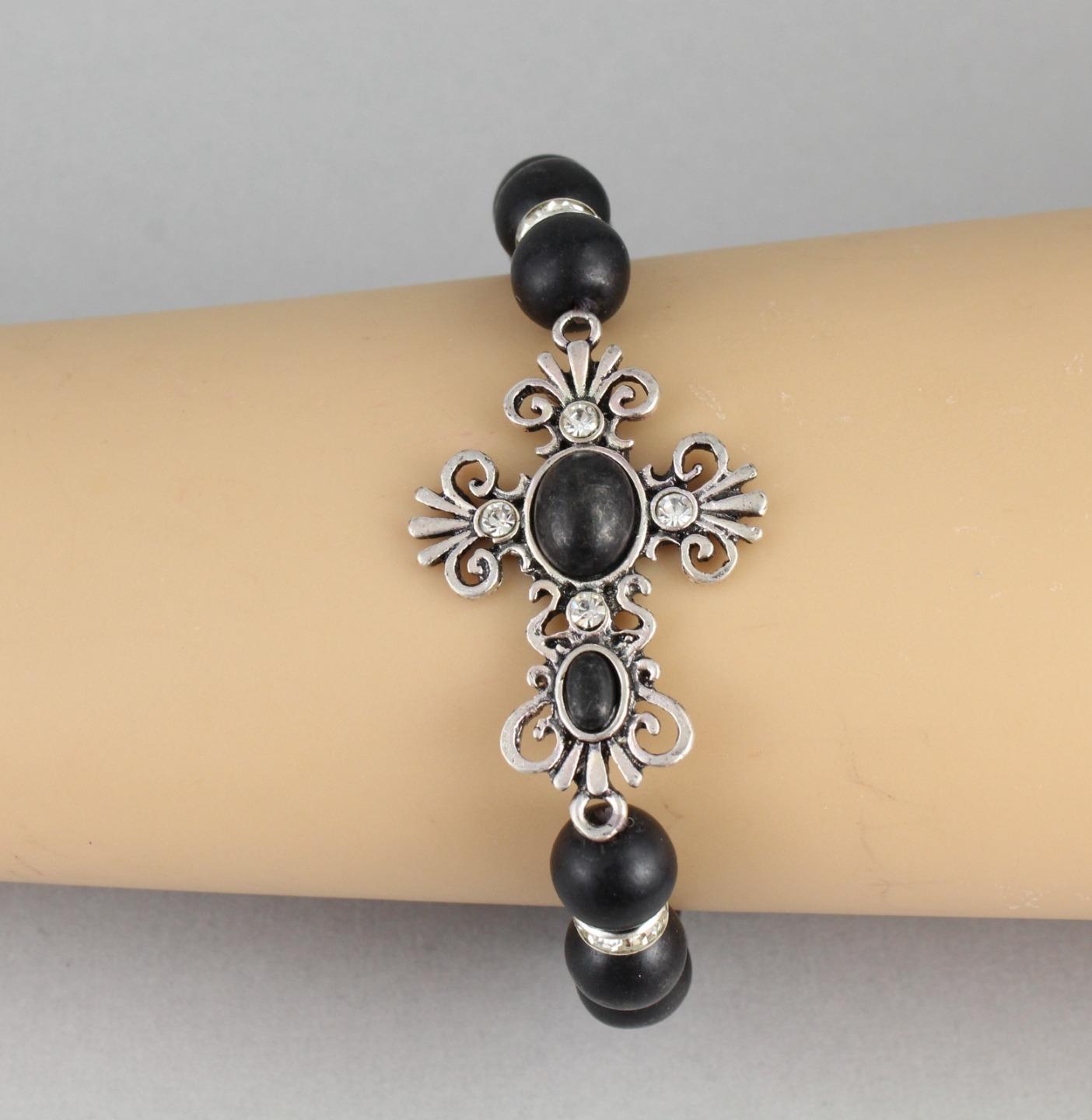 cross bracelet stretch Black Silver stretchy beaded bracelet metal charm