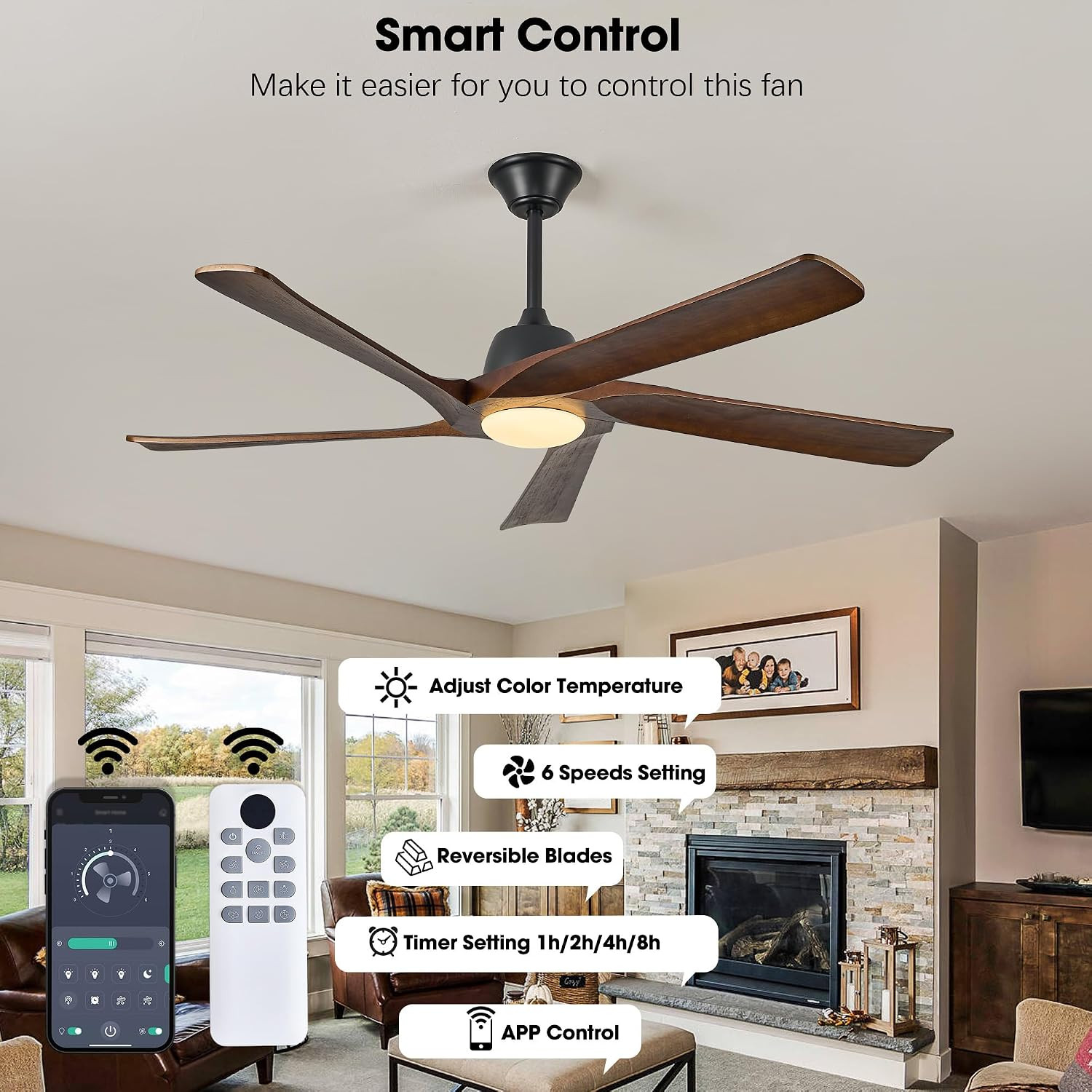60" DC Solid Wood Ceiling Fan with Lights, (Dark Walnut) | Remote & APP Control,